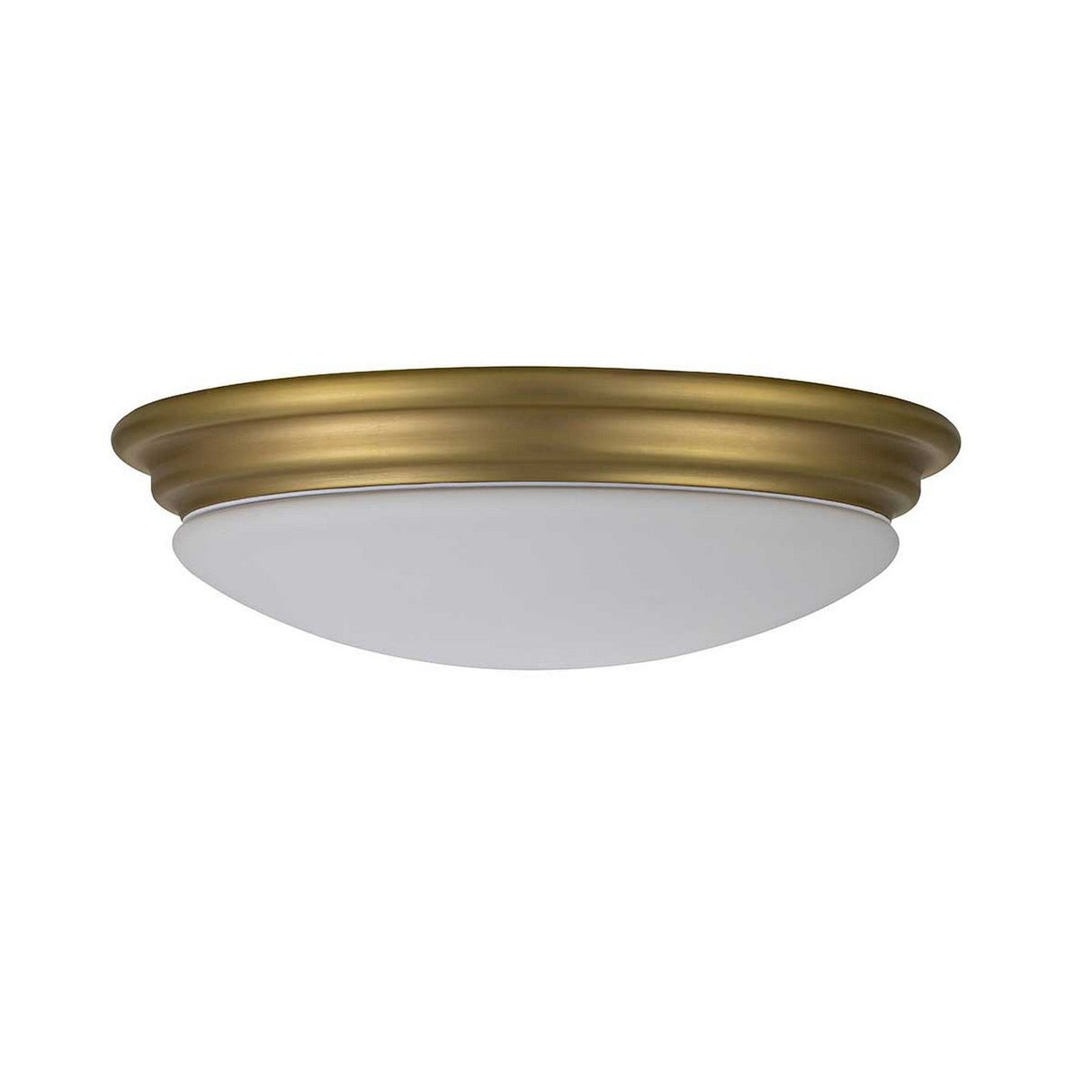The Brompton Flush Light in Brushed Brass showcases a frosted white glass dome and a brushed brass rim, offering a simple yet elegant design that channels an Art Deco vibe, making it suitable for various interior styles.