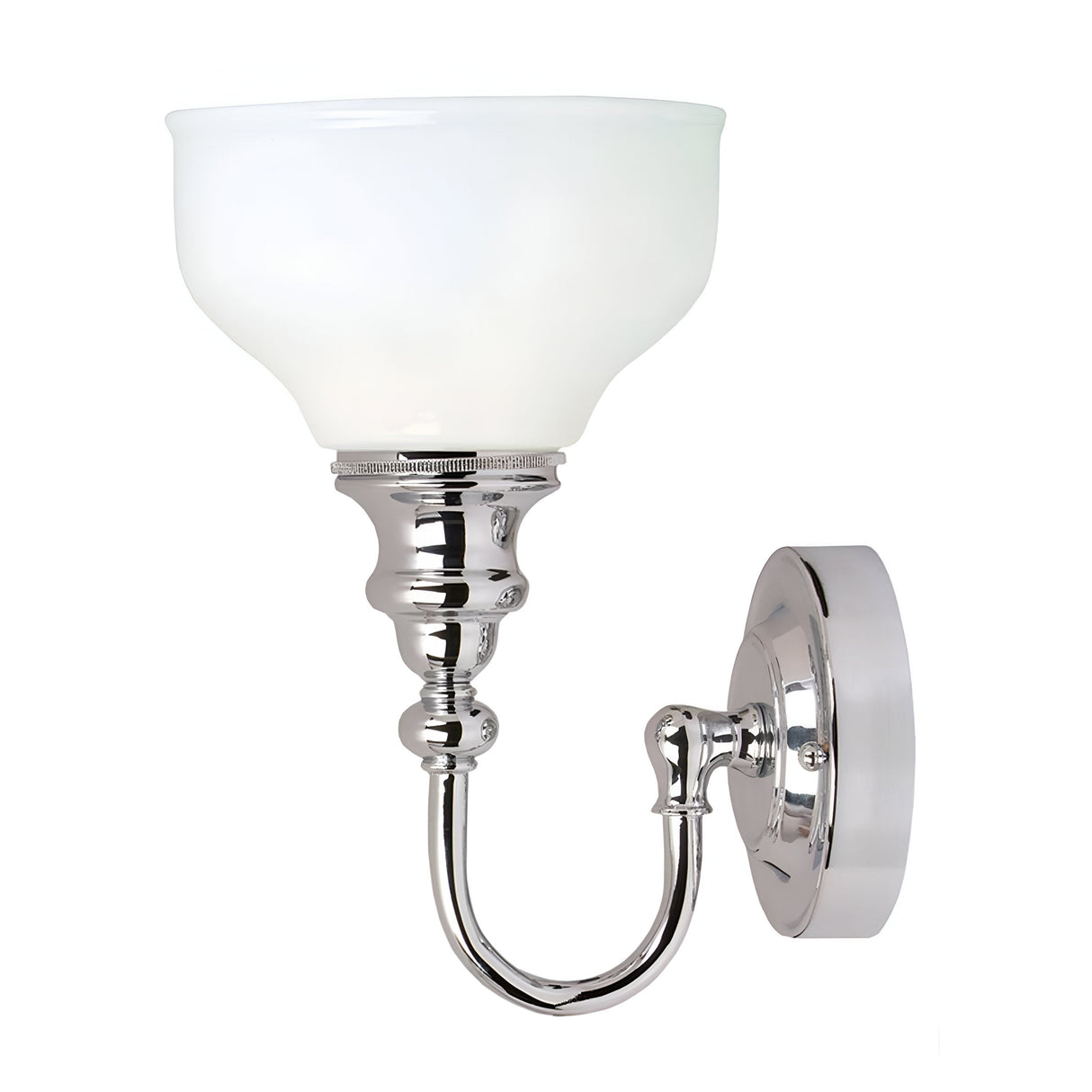 The Cheadle Wall Light in polished chrome features a curved arm with an upward-facing opal glass shade, offering a modern and elegant design that makes it ideal as a bathroom wall light or for other indoor decor.