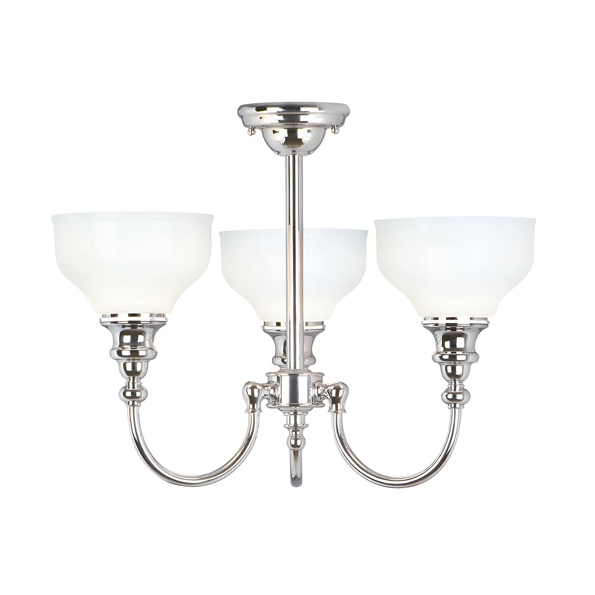The Cheadle 3 Light Semi Flush in polished chrome features a contemporary design with its elegant opal glass shades. Each of its three gracefully curved arms supports the stylish chandelier, combining sophistication with modern flair.