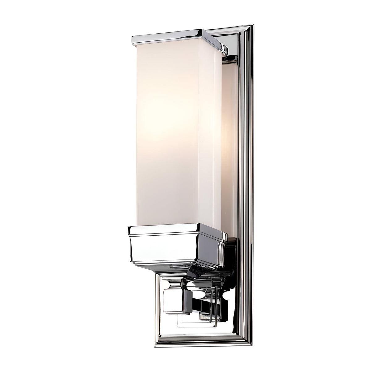 The Cambridge Wall Light in polished chrome showcases a contemporary design, featuring an opal glass shade and mounted on a rectangular backplate. Perfect for use as a bathroom wall light, it emits a warm glow through its frosted glass, enhancing any modern space with its lustrous metallic finish.