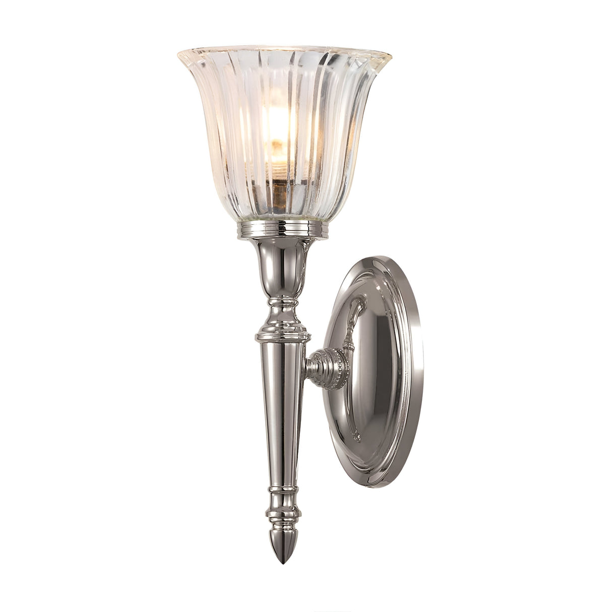 The Dryden-1 Wall Light in Polished Nickel features a decorative design with a fluted glass shade and an elegant, reflective finish. It emits warm light from an LED G9 lamp, making it a stylish wall-mounted sconce addition.