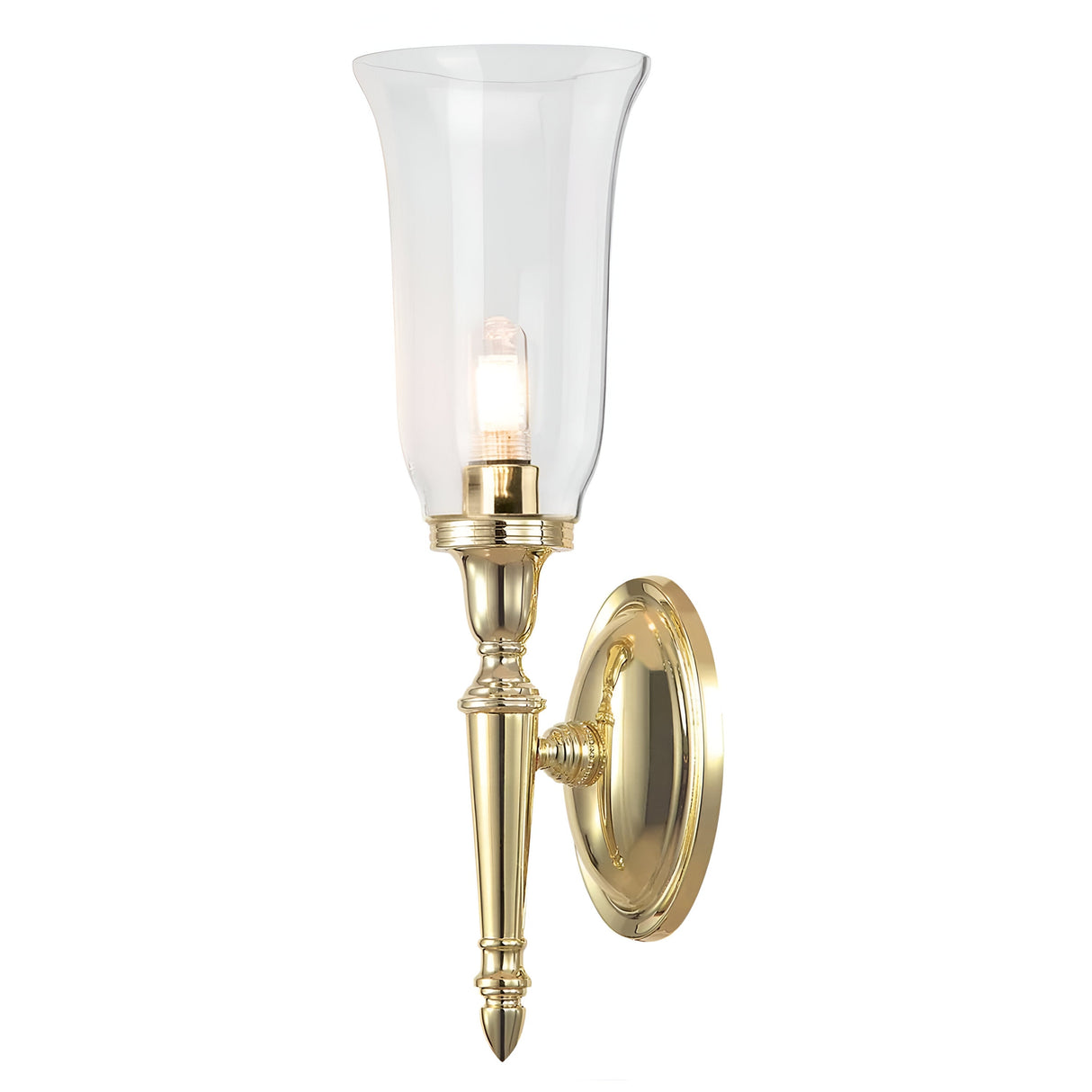 Introducing the Dryden-2 Wall Light in polished brass, featuring a sleek and elegant design with a tall, clear glass shade and an exposed bulb. Its circular base is polished to perfection, adding a timeless and classic touch to traditional interior lighting styles.