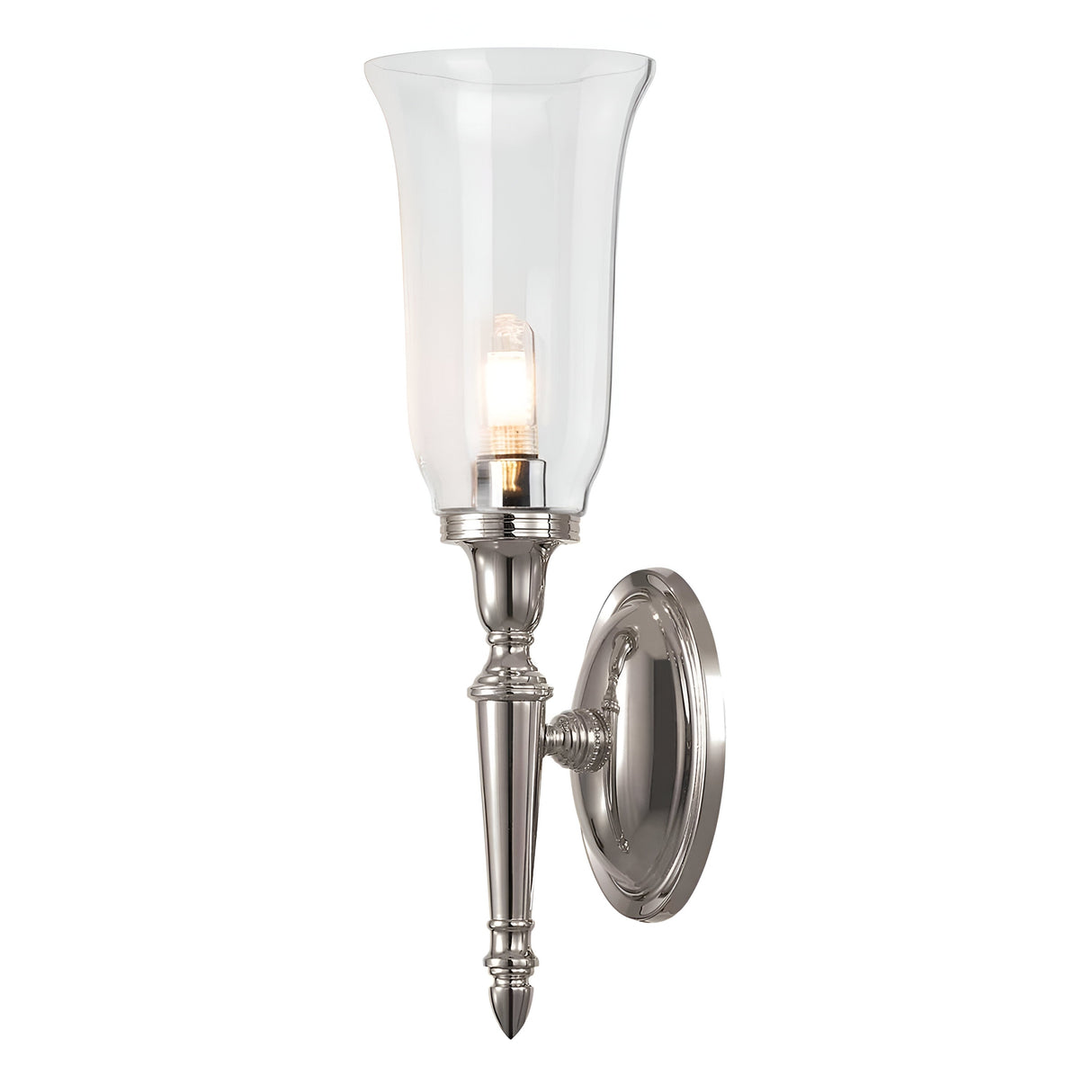 The Dryden-2 Wall Light - Polished Nickel features a polished nickel base and a clear glass shade that houses an LED G9 lamp. Its elegant design effortlessly combines traditional and modern styles.