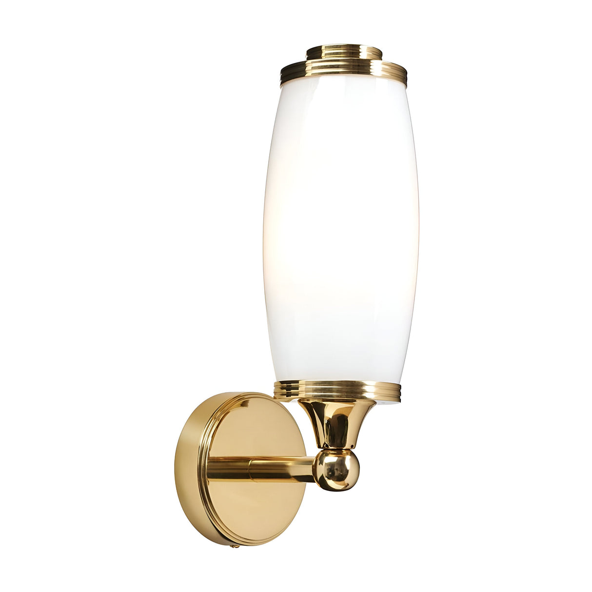 Introducing the Eliot 1 Light Wall Light in Polished Brass—an elegant brass and white glass wall sconce with a cylindrical design. Featuring a round base and polished brass details, this LED light is mounted vertically, offering a minimalist and classic style that enhances bathroom lighting.
