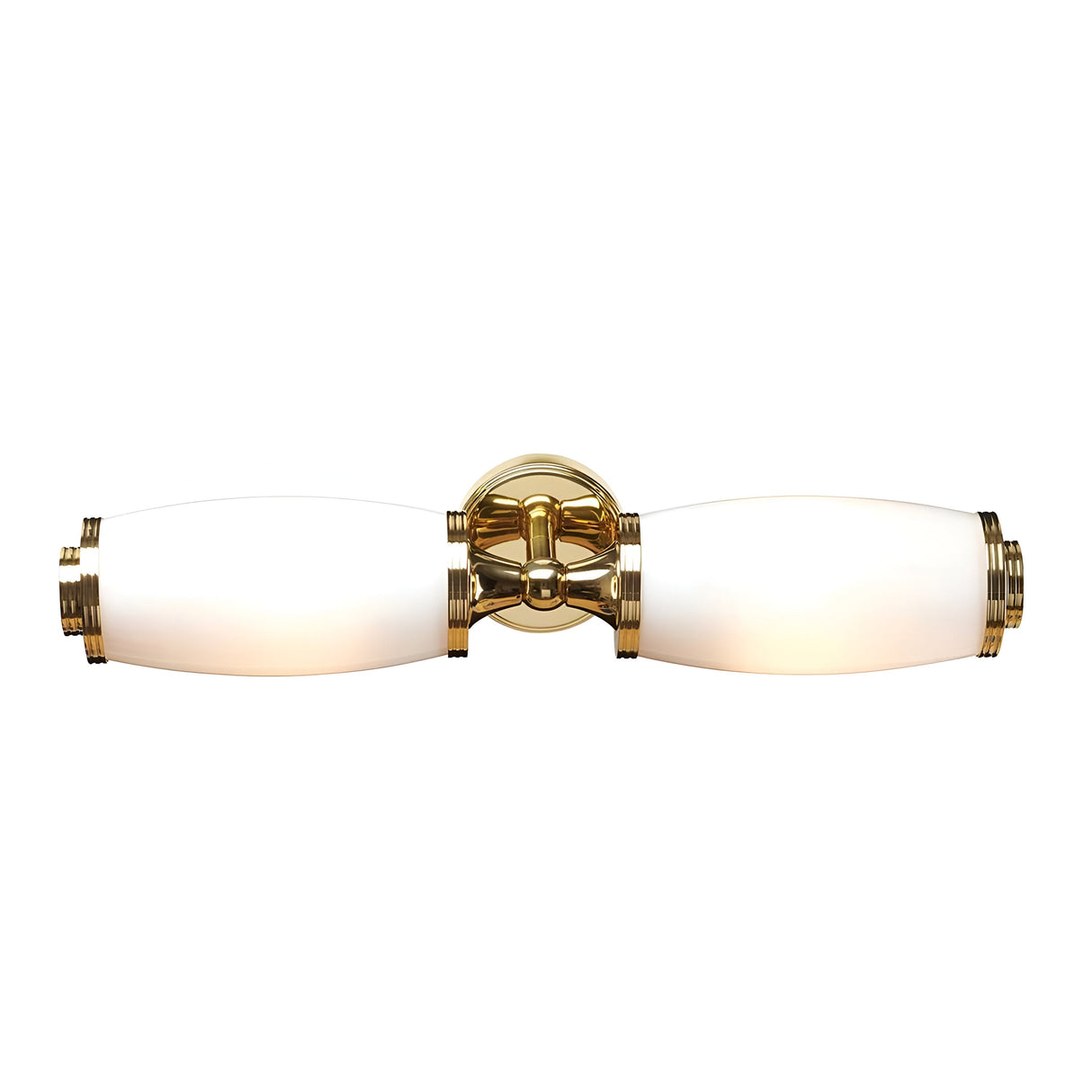 The Eliot 2 Light Wall Light in polished brass features two elongated, frosted glass shades, creating a sleek and symmetrical design. Its central brass base connects the LED bathroom lighting, providing an IP44-rated fixture ideal for stylish and safe illumination.