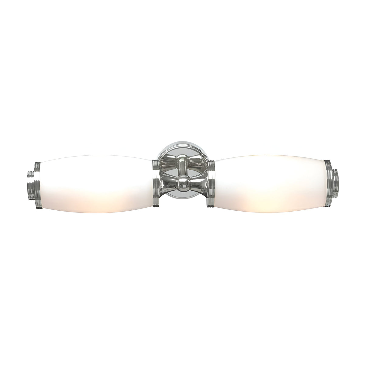 The Eliot 2 Light Wall Light in polished chrome features a sleek and symmetrical design with two cylindrical white glass shades. It includes energy-saving LED lamps, making it ideal for contemporary interiors and bathroom lighting.