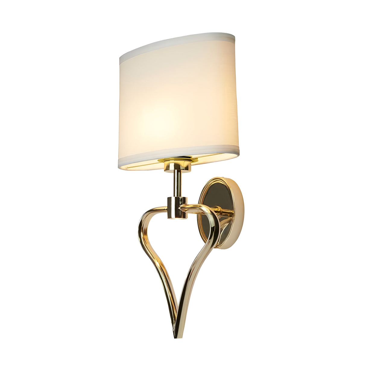 The Falmouth Wall Light - Gold/White Shade is designed with a white fabric shade and a gold metallic base intricately shaped into a heart. It is mounted on a round wall plate and showcases an exquisite gold finish that emits a warm glow.