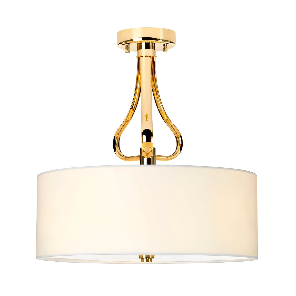 Introducing the Falmouth 3 Light Semi Flush in French Gold, featuring an elegant design with curved arms and a wide cylindrical white fabric shade, enhanced by advanced LED lighting technology.