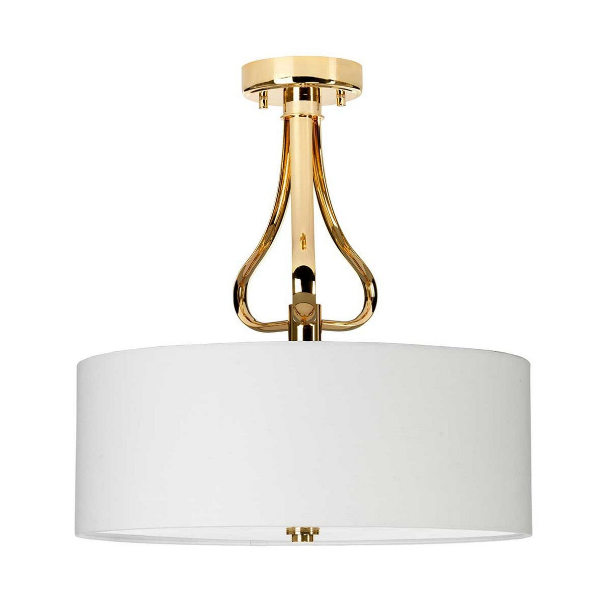 Introducing the Falmouth 3 Light Semi Flush, a sophisticated ceiling light fixture with a French Gold finish that elegantly showcases a large, cylindrical white fabric shade. This fixture seamlessly blends minimalist design with advanced LED lighting, providing luxurious style and energy efficiency.