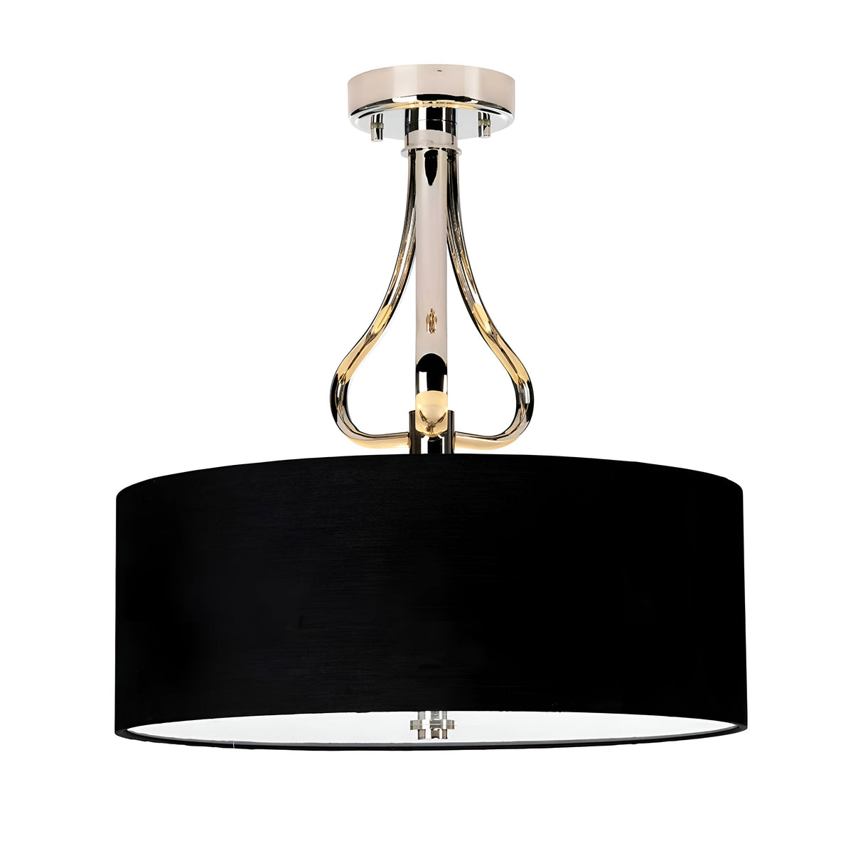 The Falmouth 3 Light Semi Flush - Polished Chrome/Black Shade boasts a contemporary design with elegant curves supporting its wide black drum shade, perfectly complemented by a polished chrome fixture. This modern ceiling light integrates sophisticated LED technology for an upscale look.