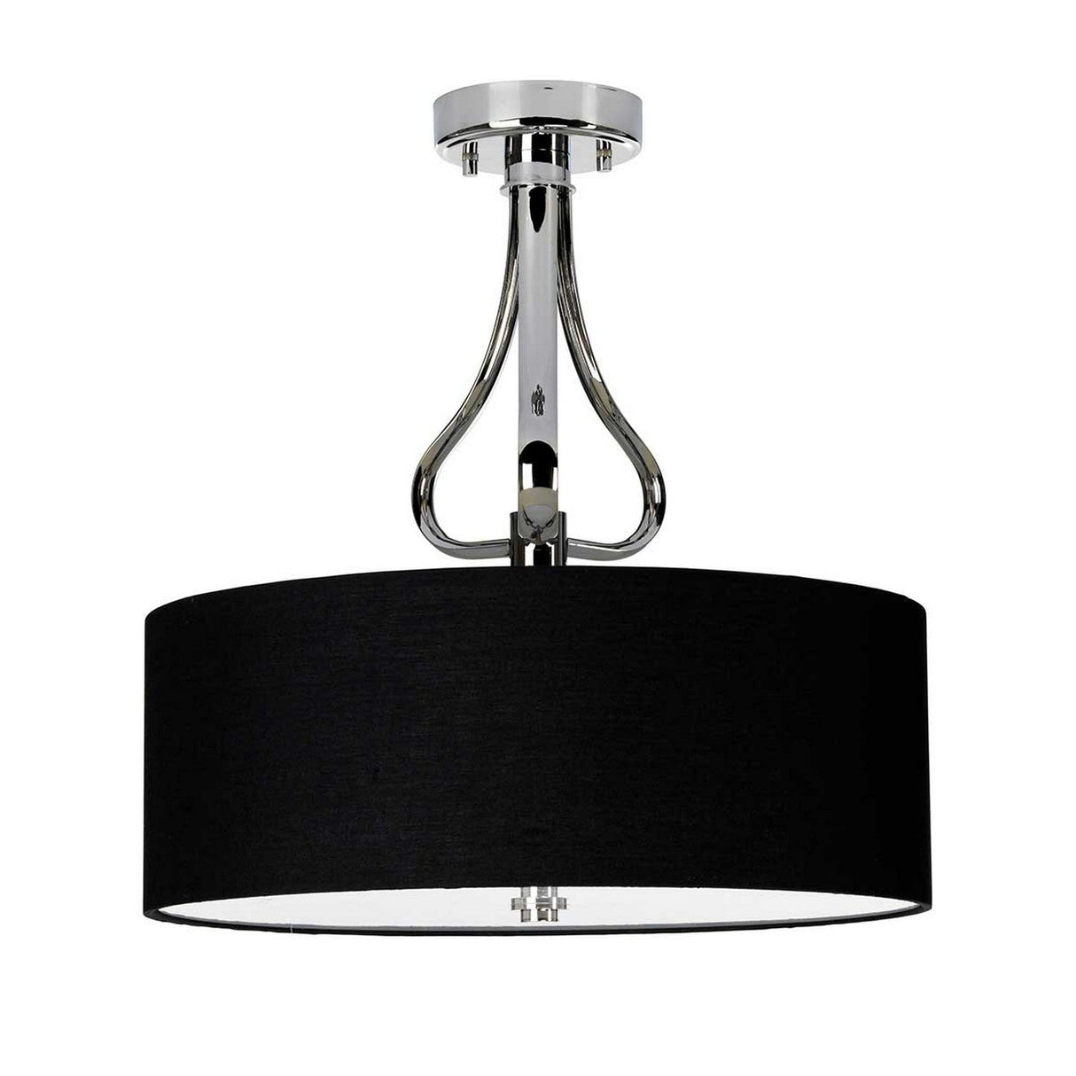 The Falmouth 3 Light Semi Flush - Polished Chrome/Black Shade features a contemporary design with a polished chrome finish complemented by an expansive black drum-shaped fabric shade. The elegant curved metal details create a seamless connection between the shade and ceiling mount, enriched by integrated LED technology for added sophistication.