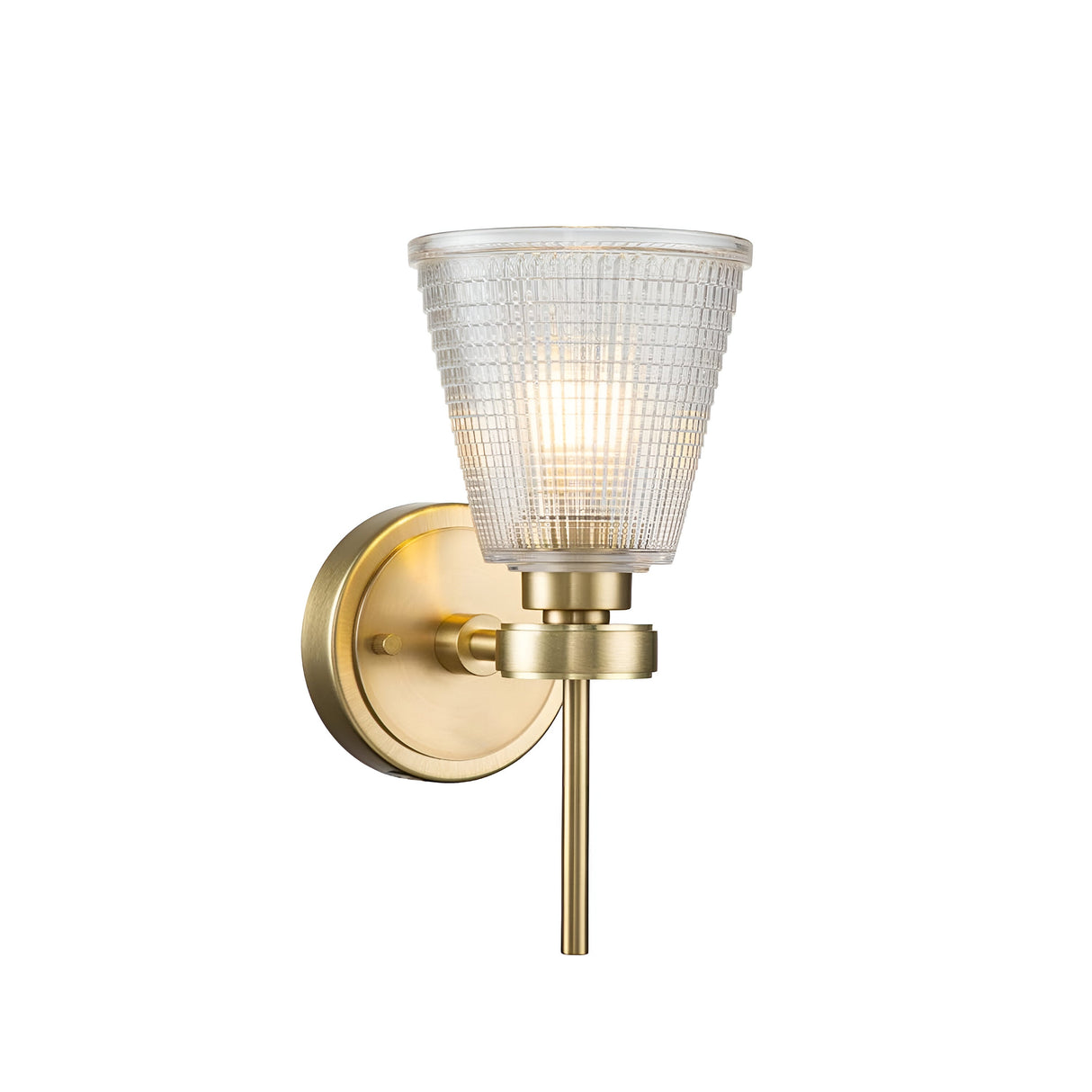 The Gunnislake 1 Light Wall Light - Brushed Brass from Elstead Lighting boasts a sleek and modern design with a prismatic glass shade and a round base. Its brushed brass finish softly diffuses light through the textured glass, crafting a warm ambiance.