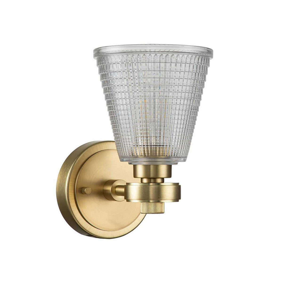 The Gunnislake 1 Light Wall Light in brushed brass boasts a conical, prismatic glass shade. Its grid-textured glass provides a modern and elegant touch, making it ideal for enhancing the ambiance of any space.
