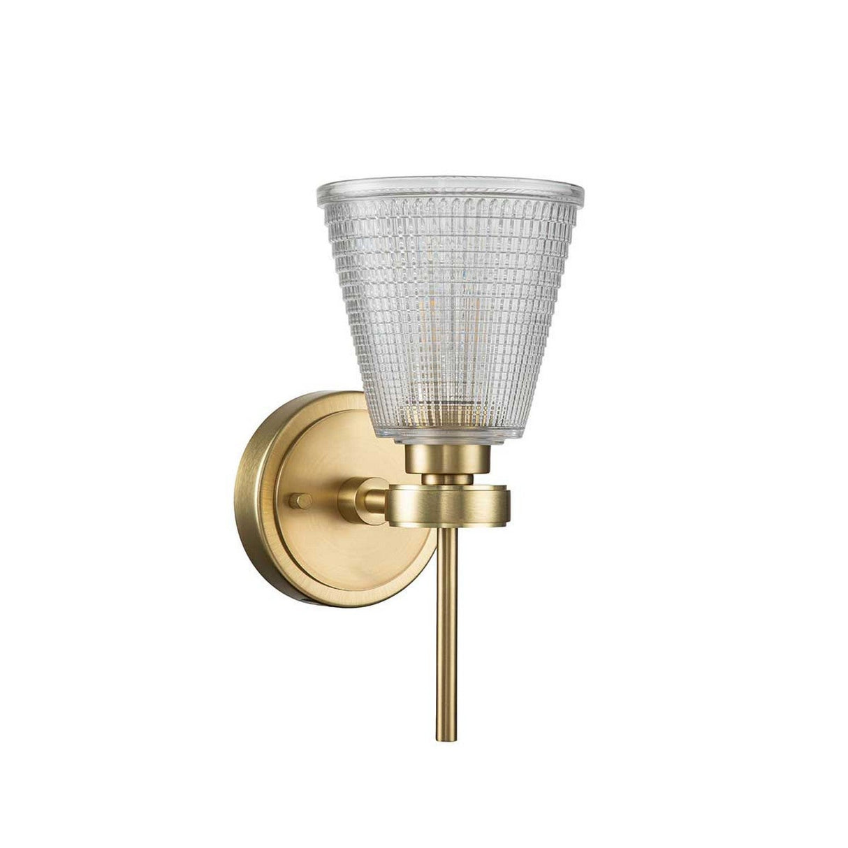 The Gunnislake 1 Light Wall Light in brushed brass by Elstead Lighting presents a modern twist on classic design with its prismatic glass shade. This fixture includes a circular wall mount and a straight arm that supports the tapered shade, while its textured glass adds contemporary flair to any space.