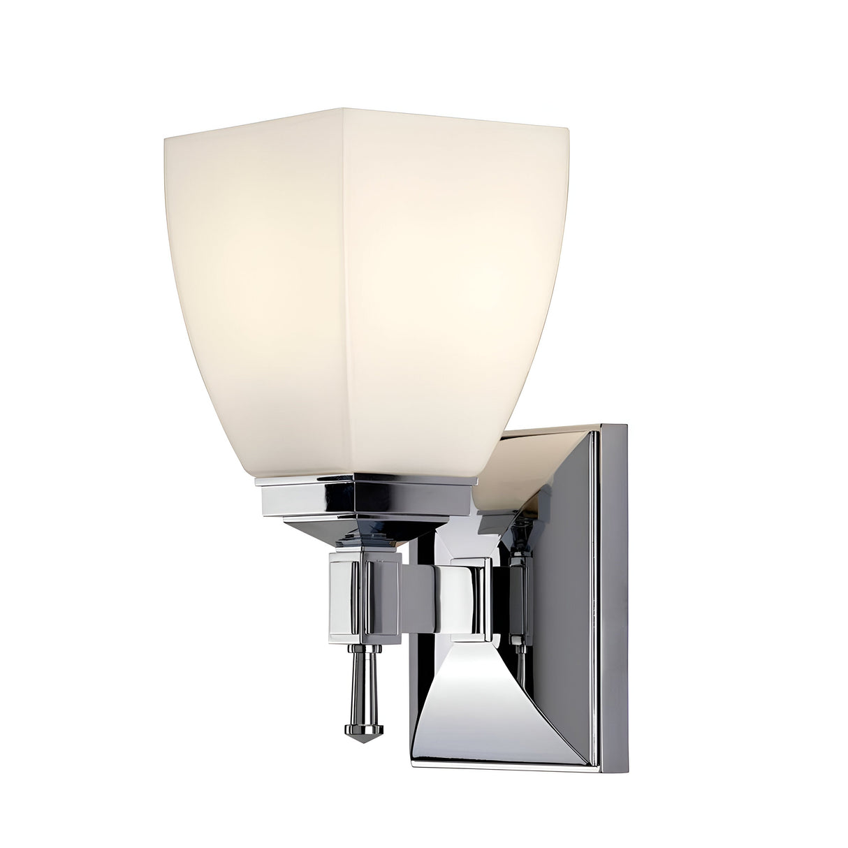 The Shirebrook 1 Light Wall Light in polished chrome features a modern square frosted glass shade and sleek design. This stylish fixture showcases clean lines, a convenient pull switch at the bottom, and an IP44 rating for safe use in wet areas.