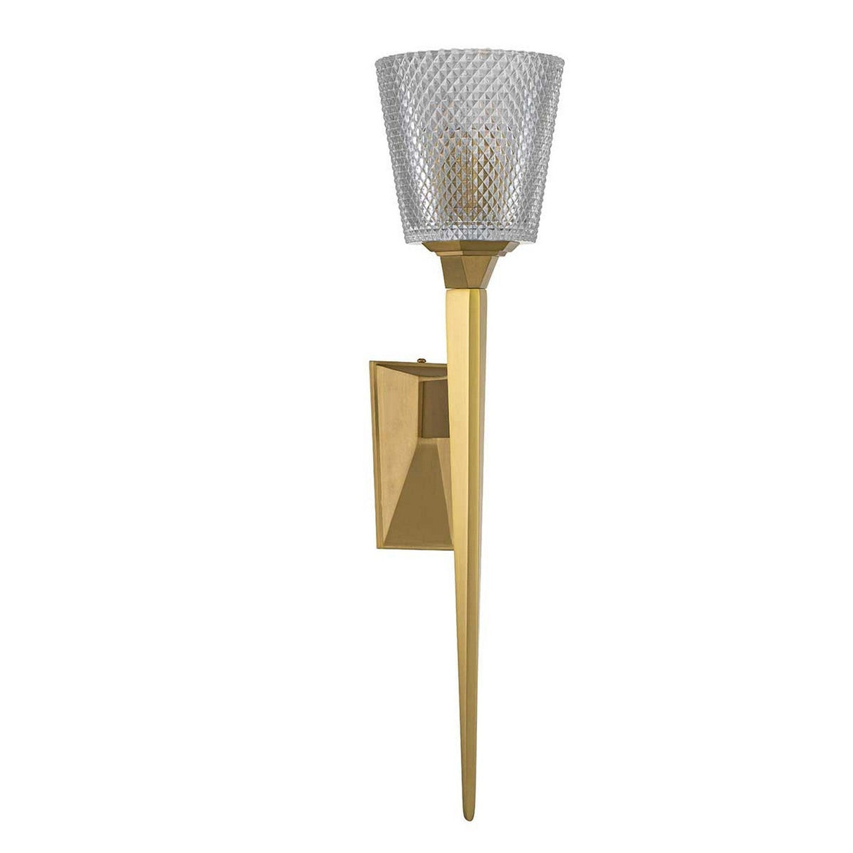 The Verity 1 Light Wall Light in brushed brass features a gold-colored arm and base, accentuated by a cut glass shade resembling a torch.