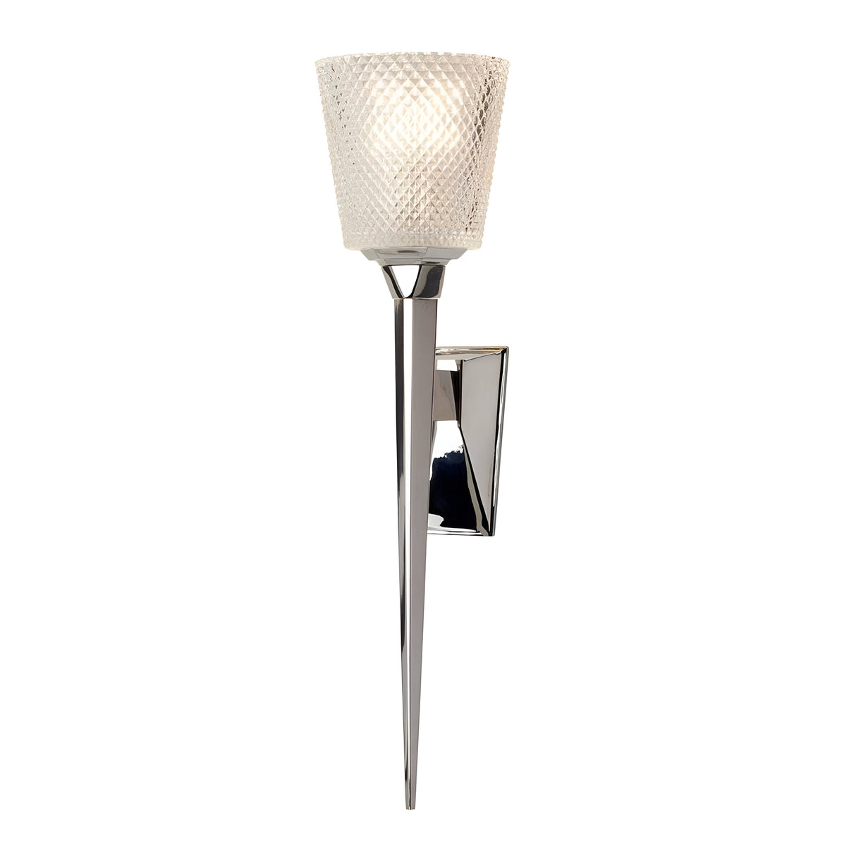 The Verity 1 Light Wall Light in polished chrome features a wall-mounted sconce with a cone-shaped, textured glass shade. Its sleek metallic arm extends from a rectangular base, offering energy-efficient lighting that emits a soft, white glow and showcases the modern and elegant design of the piece.