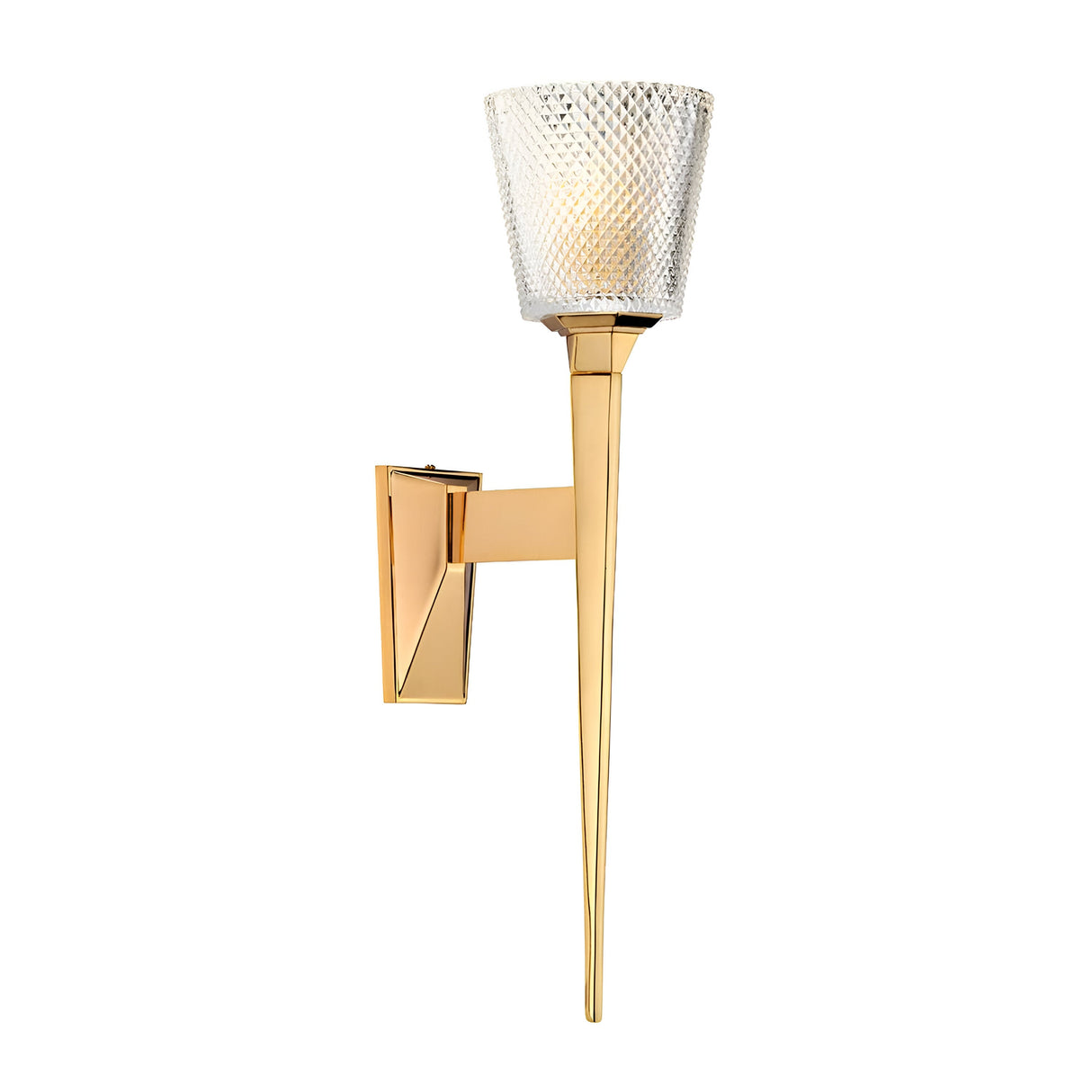 The Verity 1 Light Wall Light in Polished Gold features a modern and luxurious design with a slender metal base and a textured glass shade. Its sleek and elegant form includes sharp angles and geometric elements, stylishly incorporating an energy-saving LED lamp.