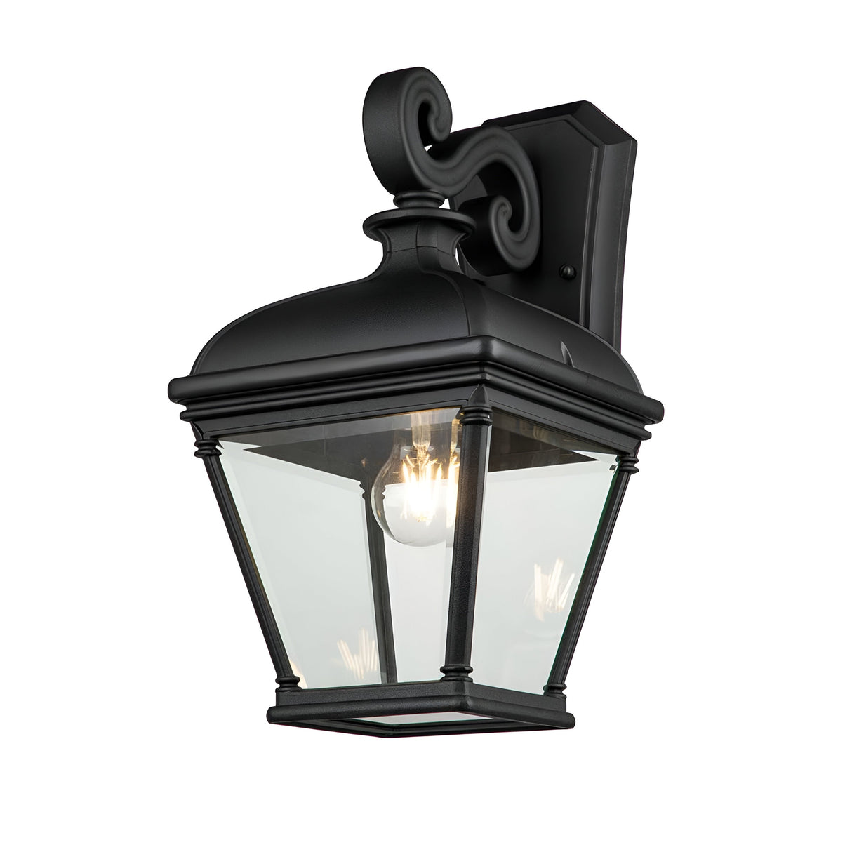 The Bayview 1 Light Outdoor Large Wall Lantern in Black features a Georgian-inspired design with a clear glass enclosure. It exudes traditional elegance with its scroll detail on the top mounting bracket and a visible light bulb inside, making it perfect for enhancing outdoor spaces.