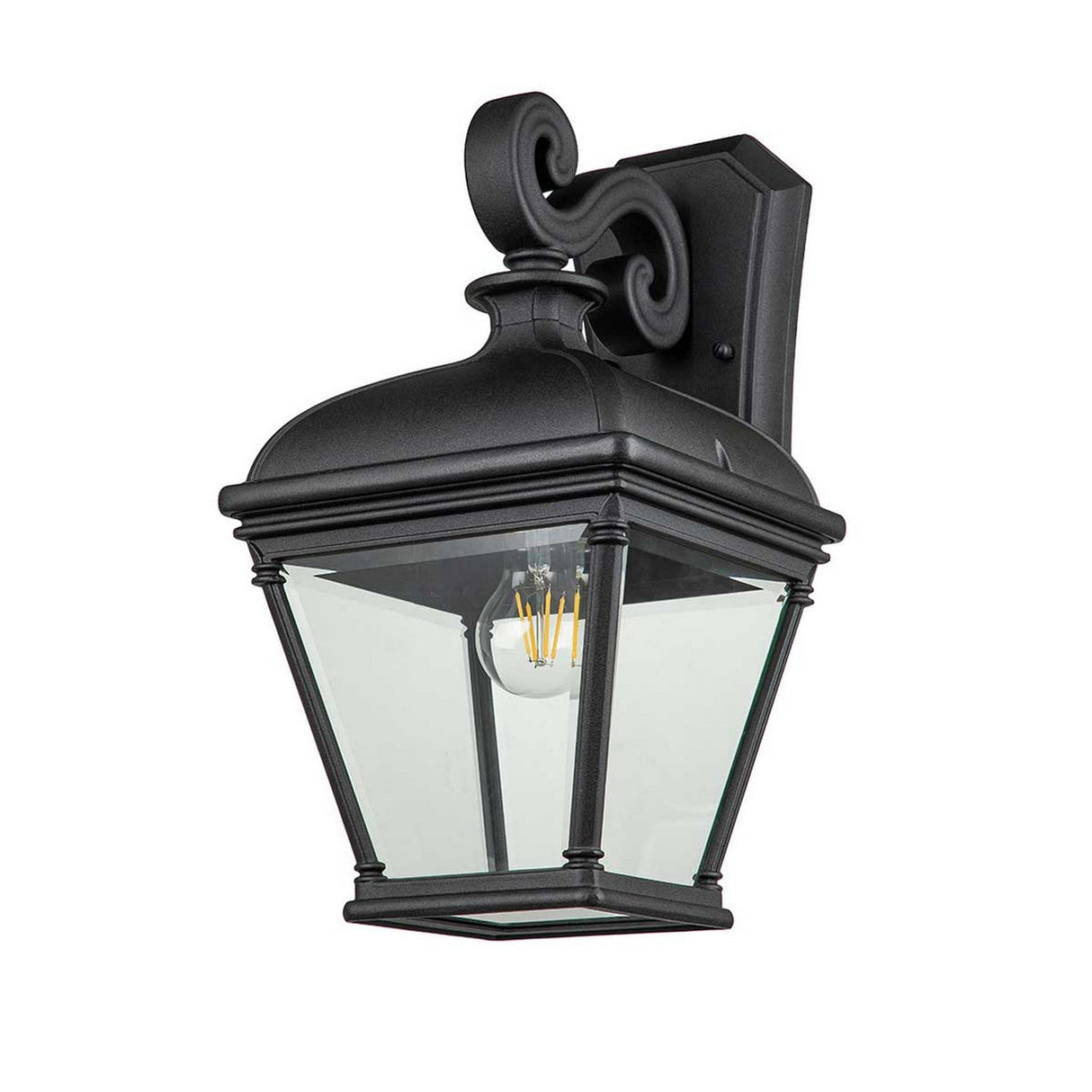 The Bayview 1 Light Outdoor Large Wall Lantern in black showcases a transparent glass casing and an exposed light bulb. Featuring a Georgian-inspired design with a decorative, curved top, it beautifully enhances outdoor spaces when mounted on its rectangular wall base.