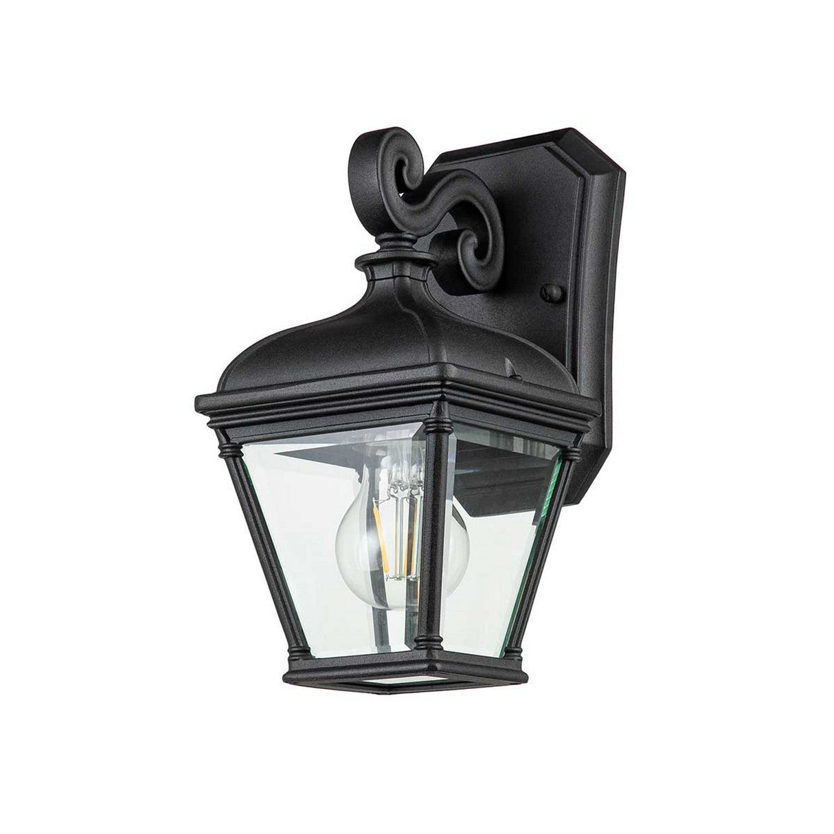 The Bayview 1 Light Outdoor Small Wall Lantern - Black is a black outdoor wall sconce with a vintage lantern design, featuring a clear glass enclosure and visible bulb. It has an IP44 rating for safety and durability, and is mounted on a decorative, curved backplate for exterior use.