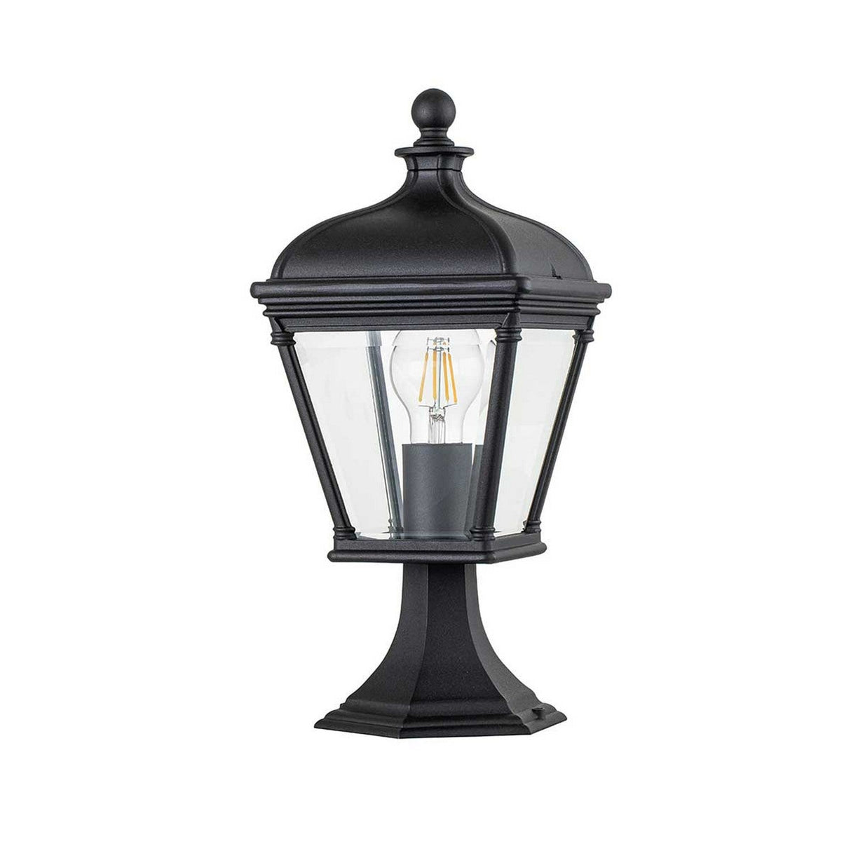 Introducing the Bayview 1 Light Medium Pedestal Lantern in Black, an outdoor lighting piece with a classical Georgian design. This lantern is crafted with a pointed top and clear glass panels, elegantly showcasing the visible bulb on its square pedestal base.