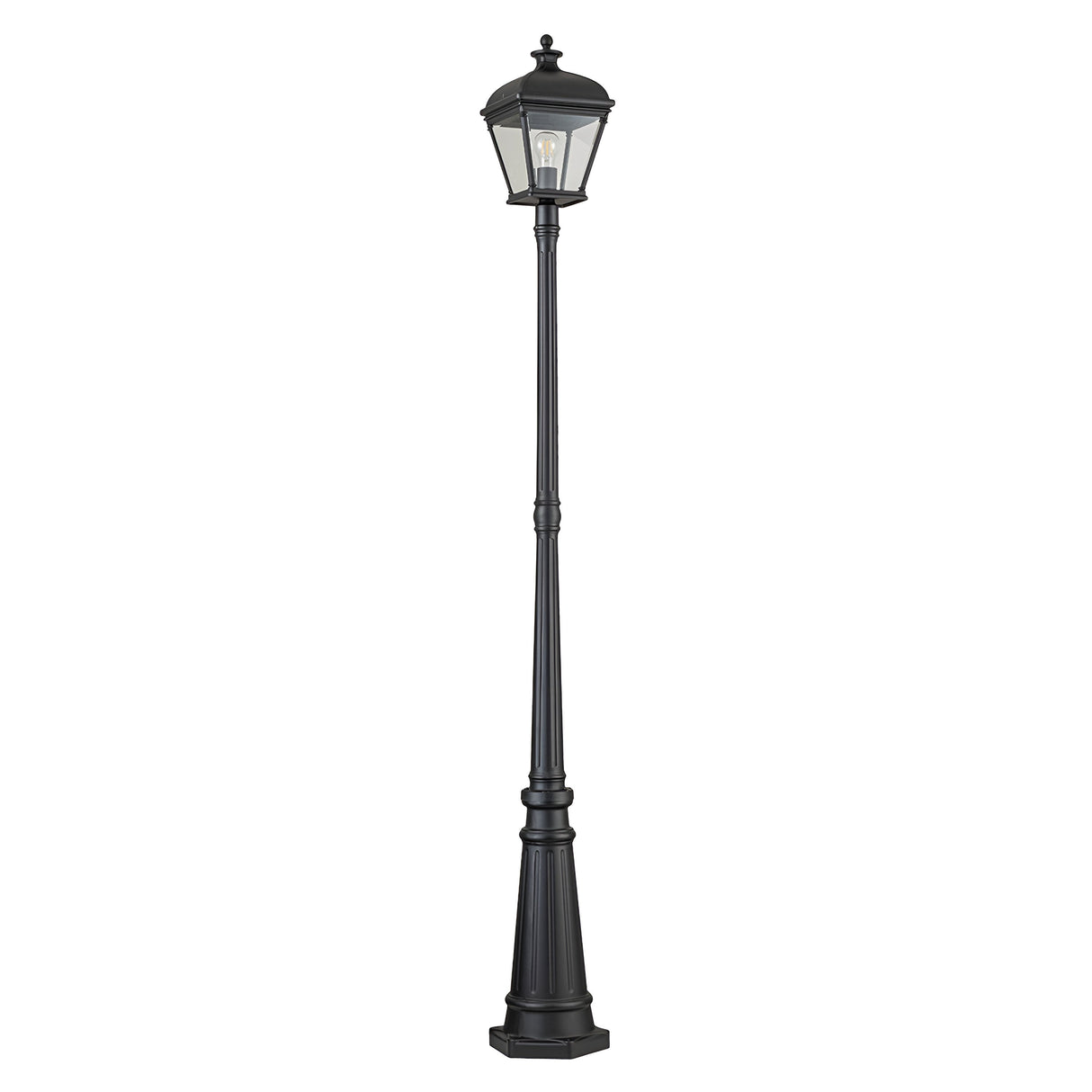 The Bayview 1 Light Lamp Post in black showcases a vintage-style with a classic lantern design, featuring a tall and slender profile. Its glass enclosure for the bulb and decorative base make it ideal for outdoor lighting.