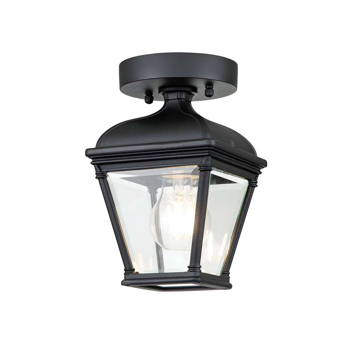 The Bayview 1 Light Outdoor Porch Ceiling Light in black boasts an elegant design with a classic lantern style, featuring clear glass panels that beautifully highlight the visible light bulb within.