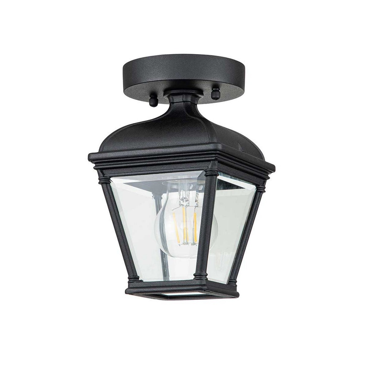 The Bayview 1 Light Outdoor Porch Ceiling Light - Black is a stylish, square lighting fixture with a traditional lantern-inspired design. It features a black aluminum frame and clear glass panels that reveal a visible light bulb inside, making it an elegant addition to any entryway.