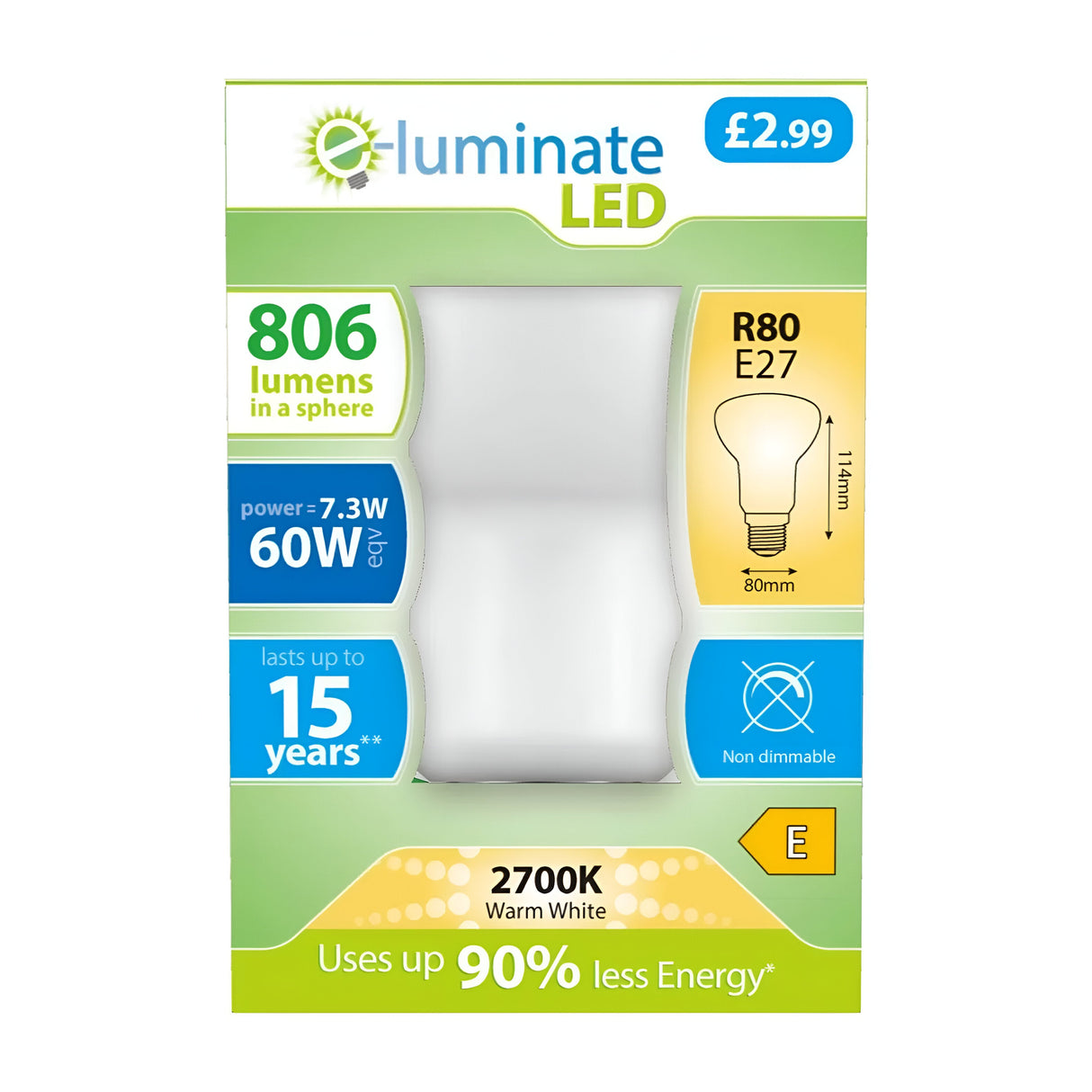 The packaging for the E-Luminate 7.3 Non-Dimmable R80 LED Reflector Bulb highlights its energy efficiency with features including 806 lumens, a power consumption of 7.3W (equivalent to 60W), and a warm white light at 2700K. It offers a lifespan of up to 15 years, is priced at £2.99, and has R80 E27 dimensions measuring 111mm x ___.