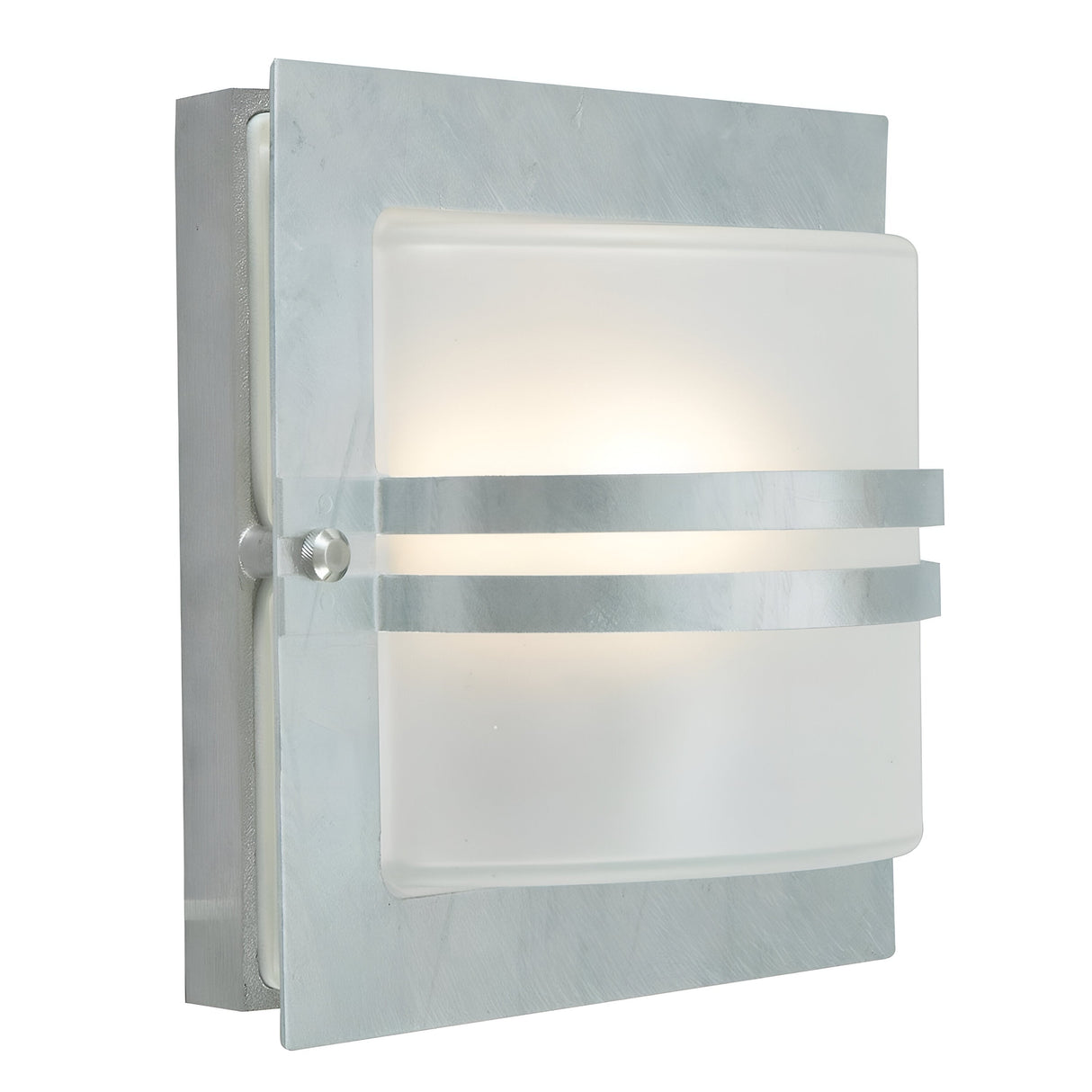 The Bern Outdoor 1 Light Wall Lantern, featuring a combination of brushed silver metal and frosted glass, is reminiscent of an Art Deco lantern. It showcases two horizontal metal bands across the glass that gently diffuse light, infusing elegance into any outdoor decor.
