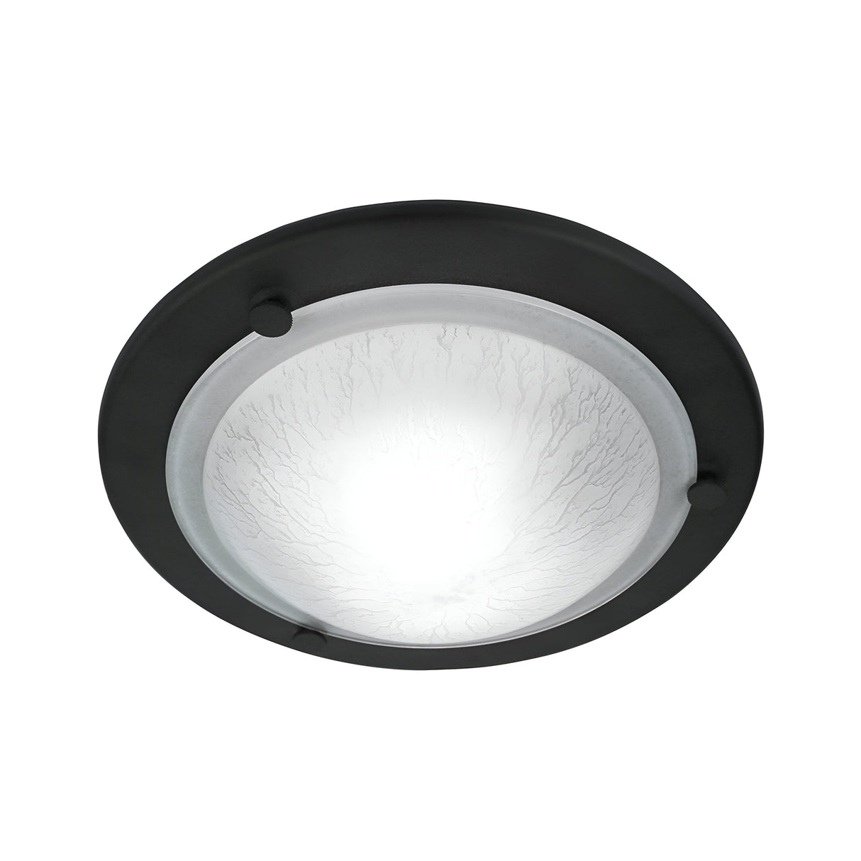 The Berwick Flush Light - Black is a round ceiling fixture featuring a frosted glass cover and a dark metal rim. Its subtle crackled texture enhances modern interiors with its minimalist design, and it offers a customizable finish for tailored elegance.