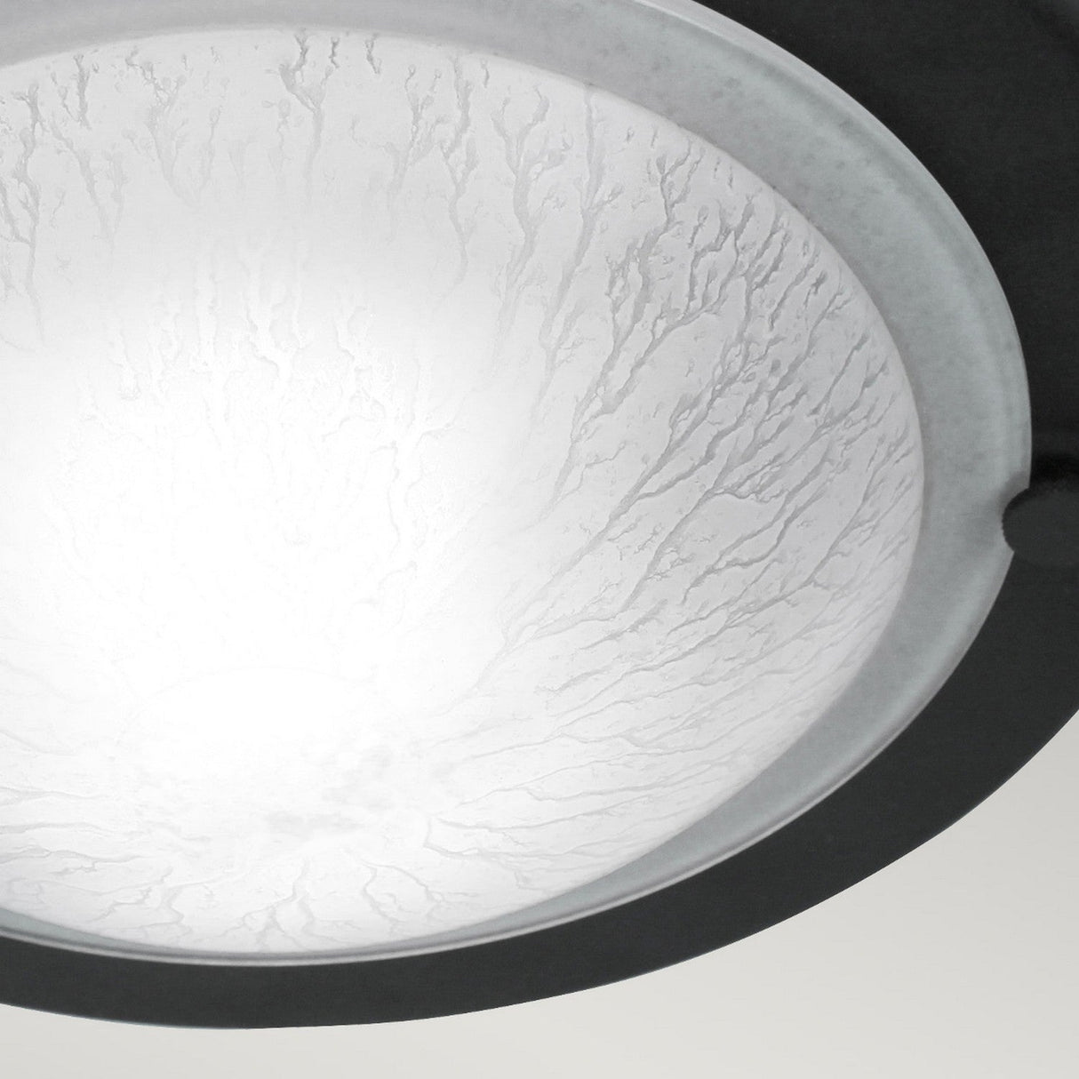 Close-up of the Berwick Flush Light - Black, ideal for contemporary interiors. The frosted glass dome showcases a textured pattern reminiscent of veins or branches, providing even light diffusion. Its dark metal rim delivers a minimalist design with an option for a custom finish to complement any space.