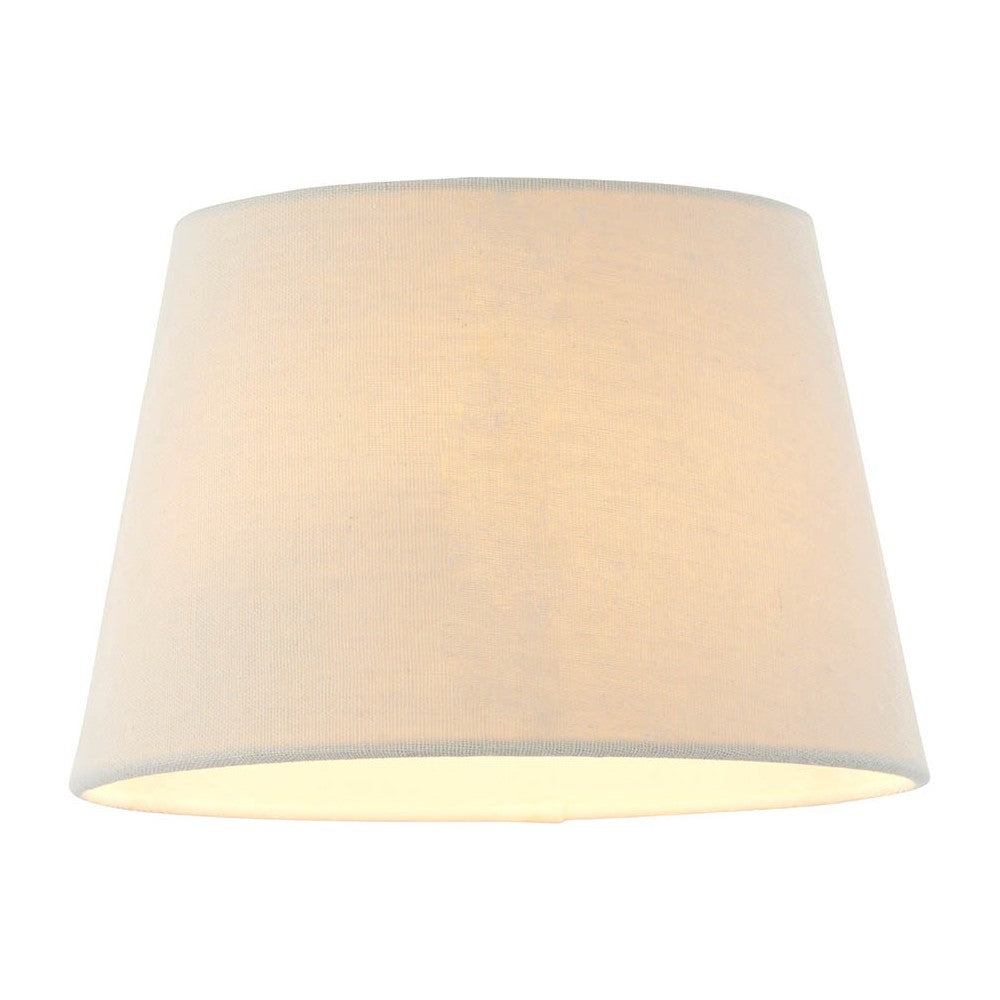 Endon Bevhurst 20cm tapered lamp shade in cream linen-effect fabric with a rolled edge, shown illuminated against a plain white background.