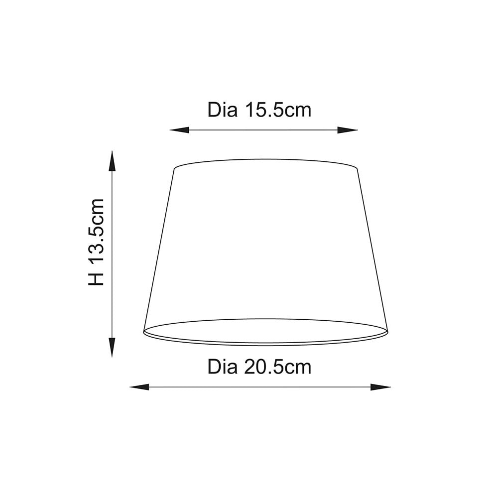 Endon Bevhurst 20cm tapered lamp shade dimension diagram showing 15.5cm top diameter, 20.5cm bottom diameter and 13.5cm height on a white background.