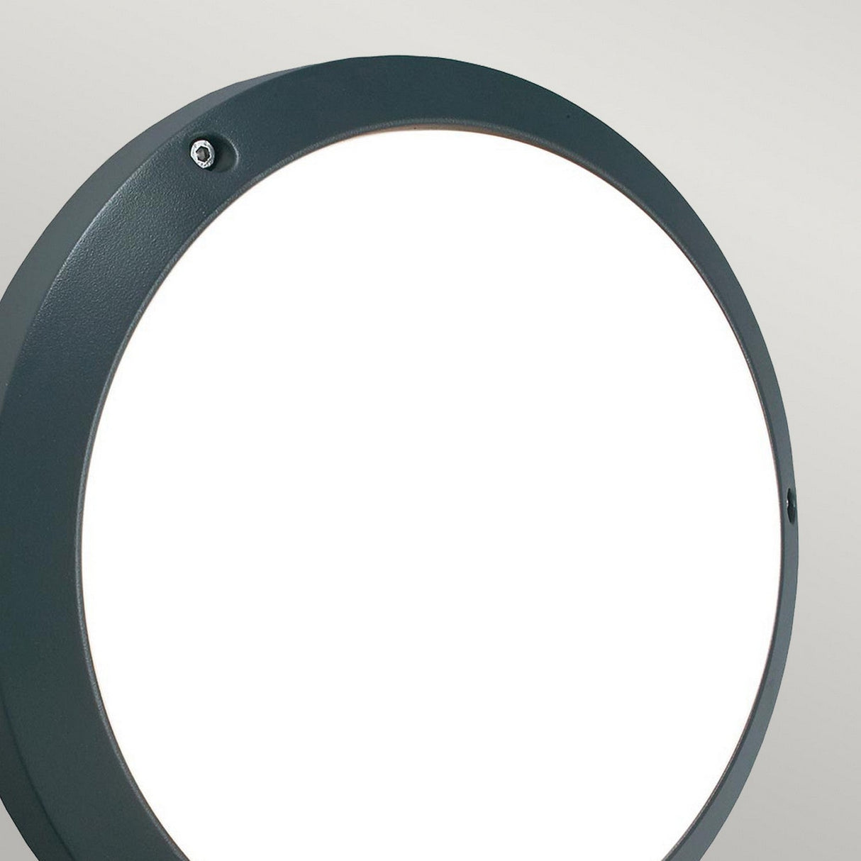 The Bornholm Outdoor LED Wall Light - Graphite, featuring a circular design and an energy-efficient build, is installed on a plain gray wall. It produces a bright, uniform white glow while its dark frame complements modern aesthetics. With an IP65 rating, this fixture promises lasting durability against the elements.