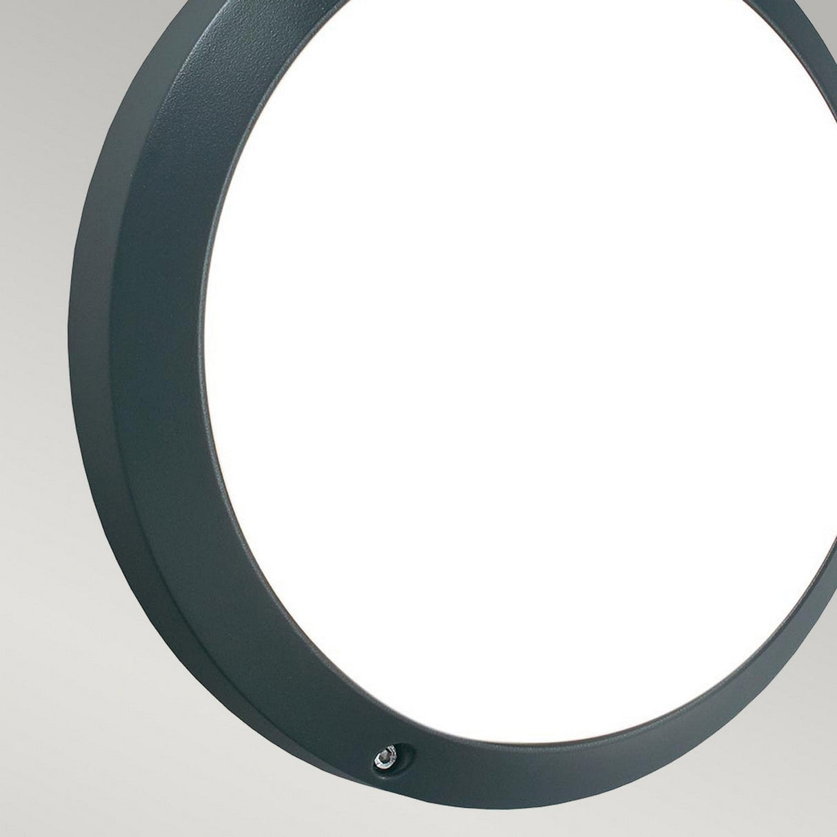 A close-up image of the graphite-framed Bornholm Outdoor LED Wall Light, featuring an IP65-rated design and a smooth, white diffuser. A small screw is visible on the bottom edge of the frame, highlighting its energy-efficient lighting capabilities against a light gray background.