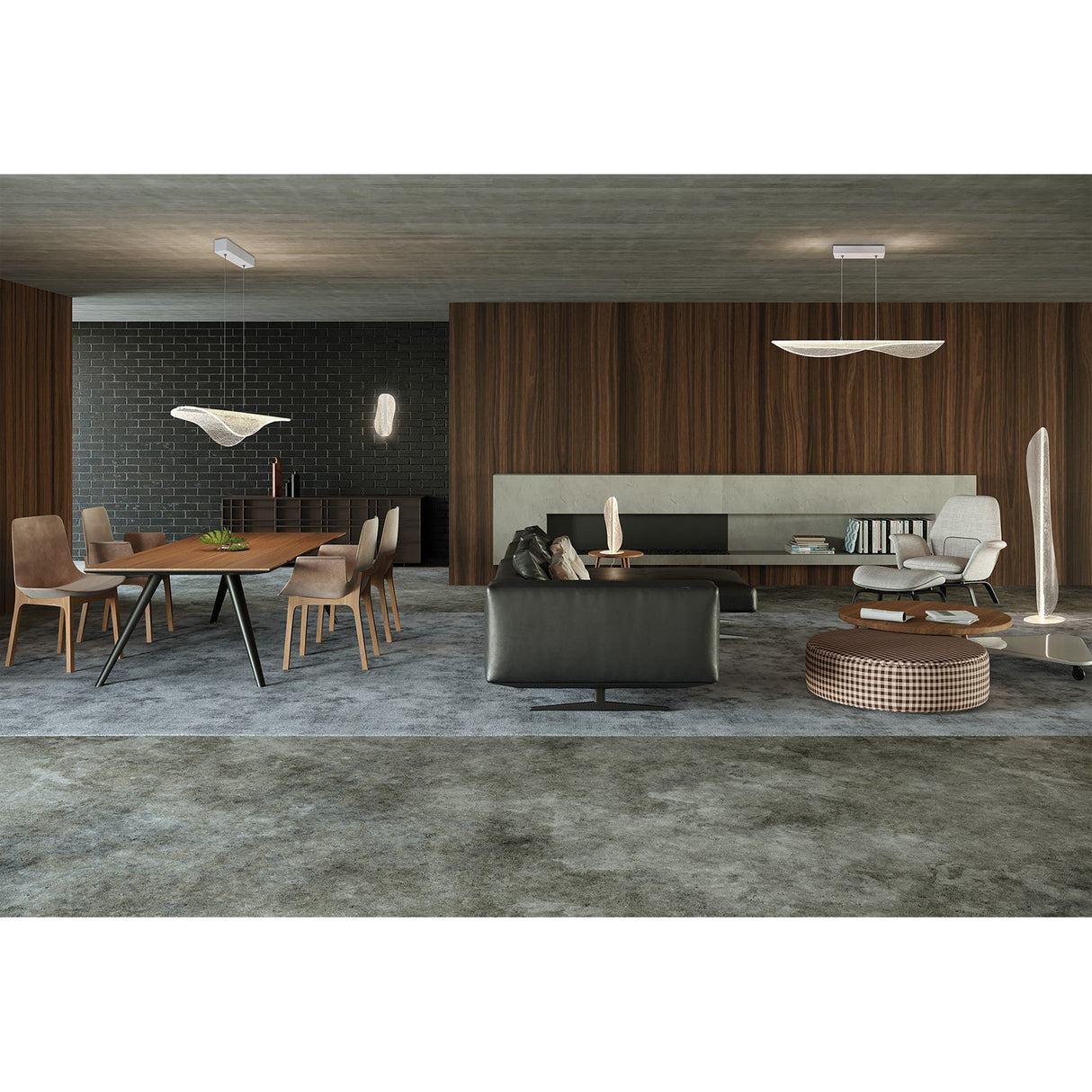 Modern open-concept living and dining area with wood-paneled walls, contemporary furniture, neutral tones, a large dining table with chairs, lounge seating, bookshelves, and the Bianca LED Floor Lamp 30W 3000K – White for a sophisticated touch.