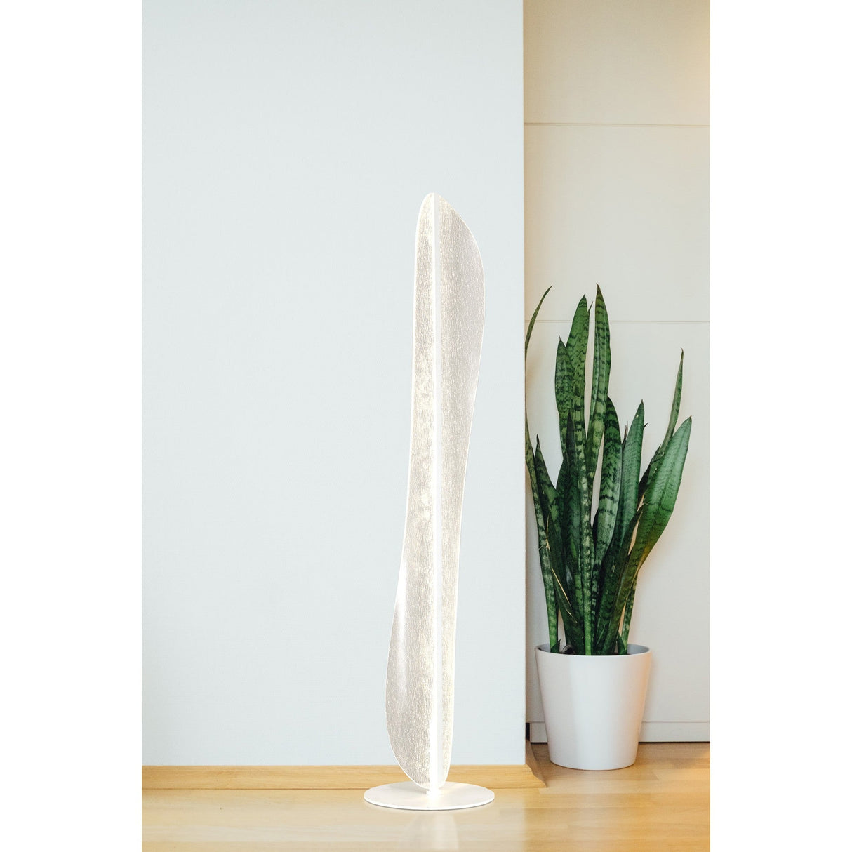 The Bianca LED Floor Lamp 30W 3000K - White, featuring a sculptural curved design, stands beside a tall snake plant on a light wood floor against a white wall in a minimalist room.