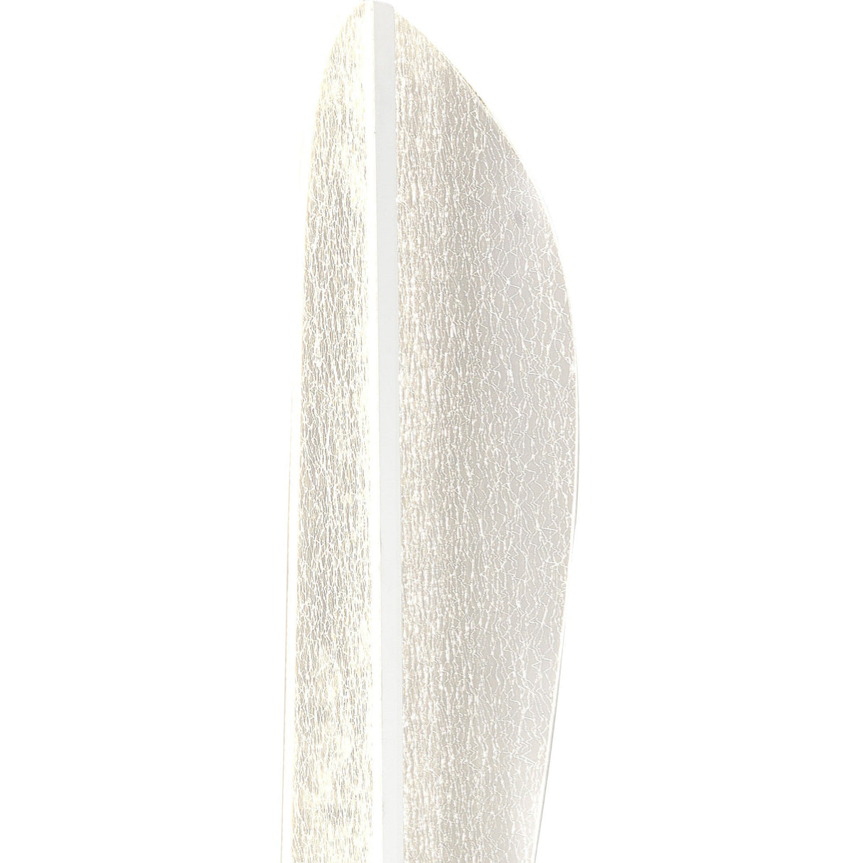 Close-up of the tip of a shiny, silver knife blade against a white background, its smooth metallic surface reflecting light like the Bianca LED Floor Lamp 30W 3000K - White.