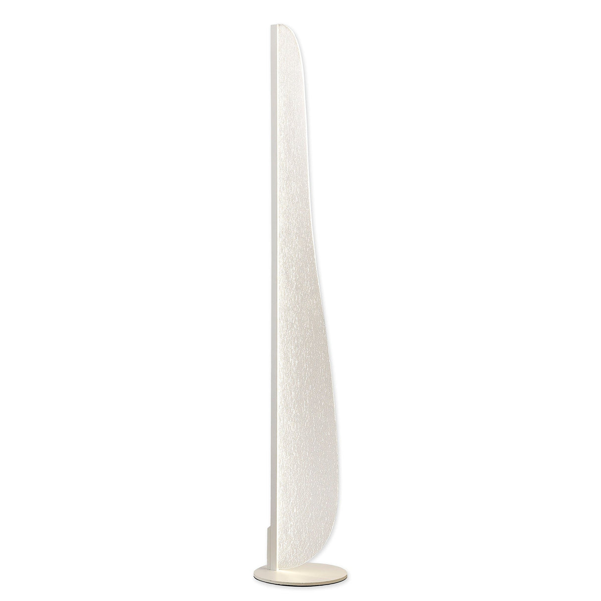 The Bianca Small LED Floor Lamp 20W 3000K - White features a tall, slim, modern silhouette with a textured white shade and curved design on a round base. Shown in profile against a white background, this lamp is dimmable.