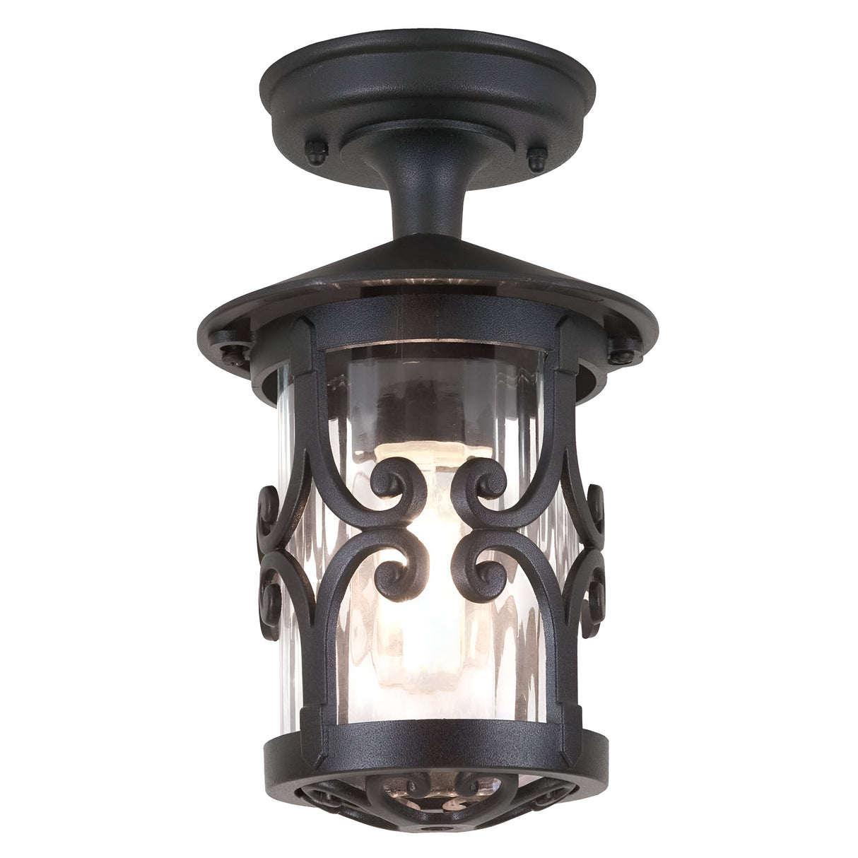 The Hereford-1 1 Light Outdoor Porch Lantern in black features a vintage-style design with traditional lantern elements, including decorative scrollwork and a clear cylindrical glass shade that beautifully displays a visible bulb. Ideal for outdoor use, this fixture exudes the timeless elegance of a classic porch light.
