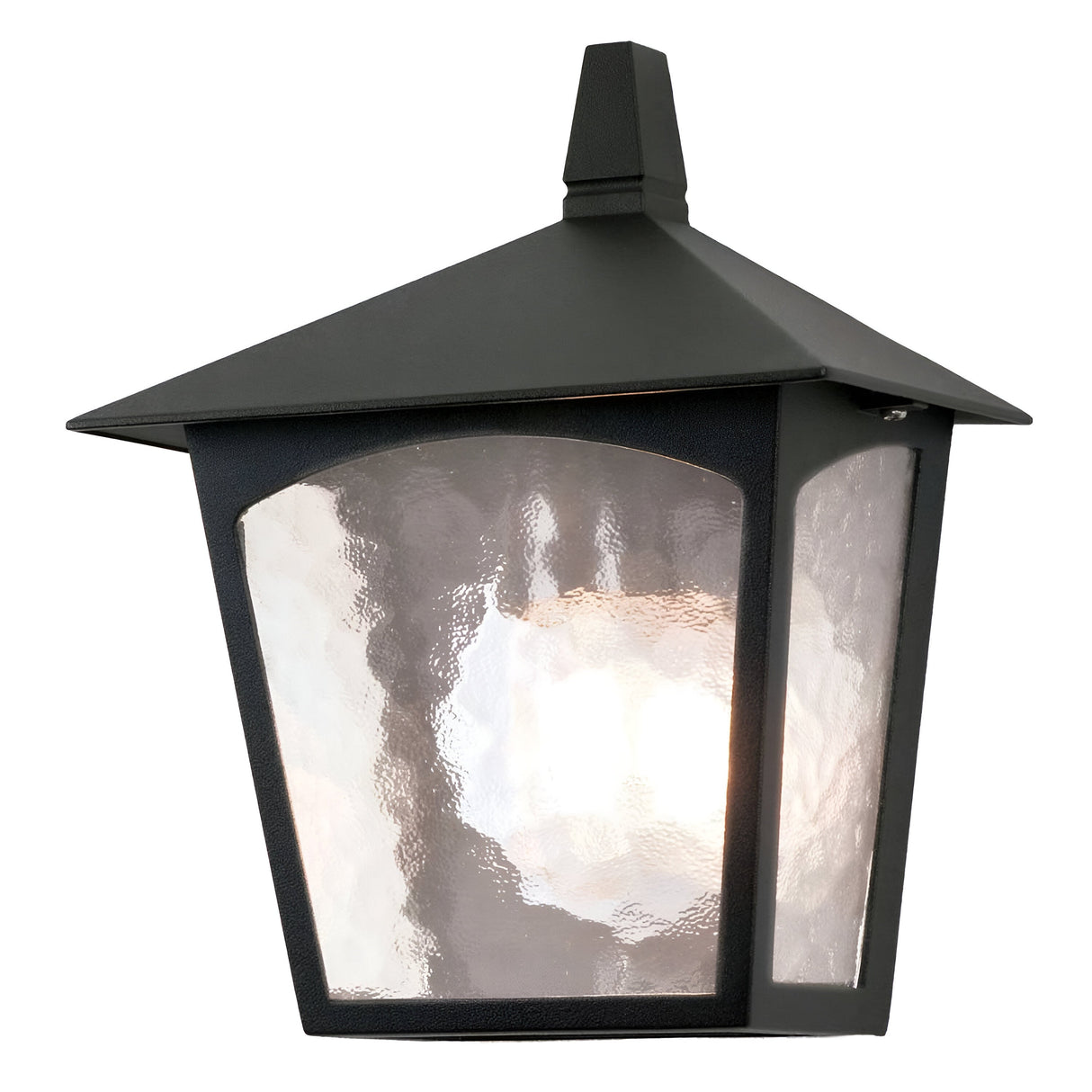 The York 1 Light Outdoor Flush Light - Black is expertly crafted from die-cast aluminium and showcases a tapered square design with a pyramid-shaped roof. Its textured glass panels partially obscure the light bulb inside, offering traditional elegance to any exterior space.