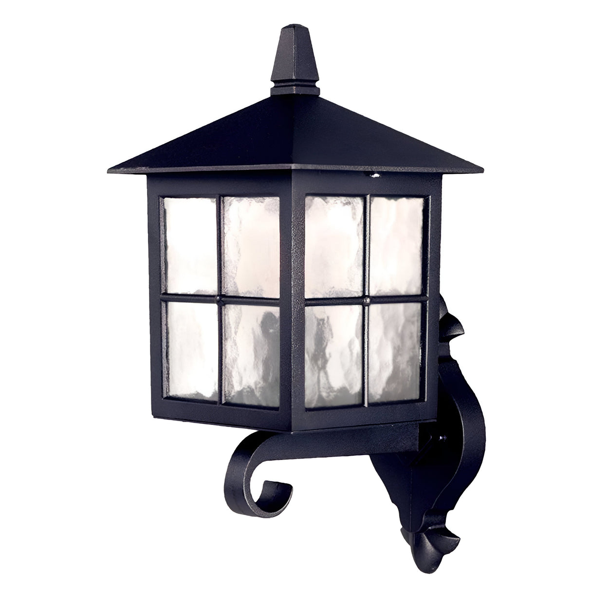 The Winchester 1 Light Outdoor Wall Up Light - Black is a black, wall-mounted lantern crafted from die-cast aluminum. It features a rectangular design with frosted glass panels and a decorative scroll bracket. Its square, pointed top merges historical elegance with functional outdoor illumination.