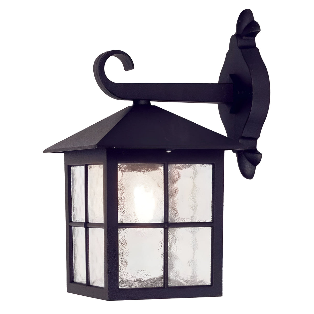 The Winchester-1 1 Light Outdoor Wall Down Light - Black showcases a decorative metal base and glass pane design. Its curved arm and vintage-inspired lighting emphasize its classic look, while the durable die-cast aluminum construction guarantees lasting elegance.