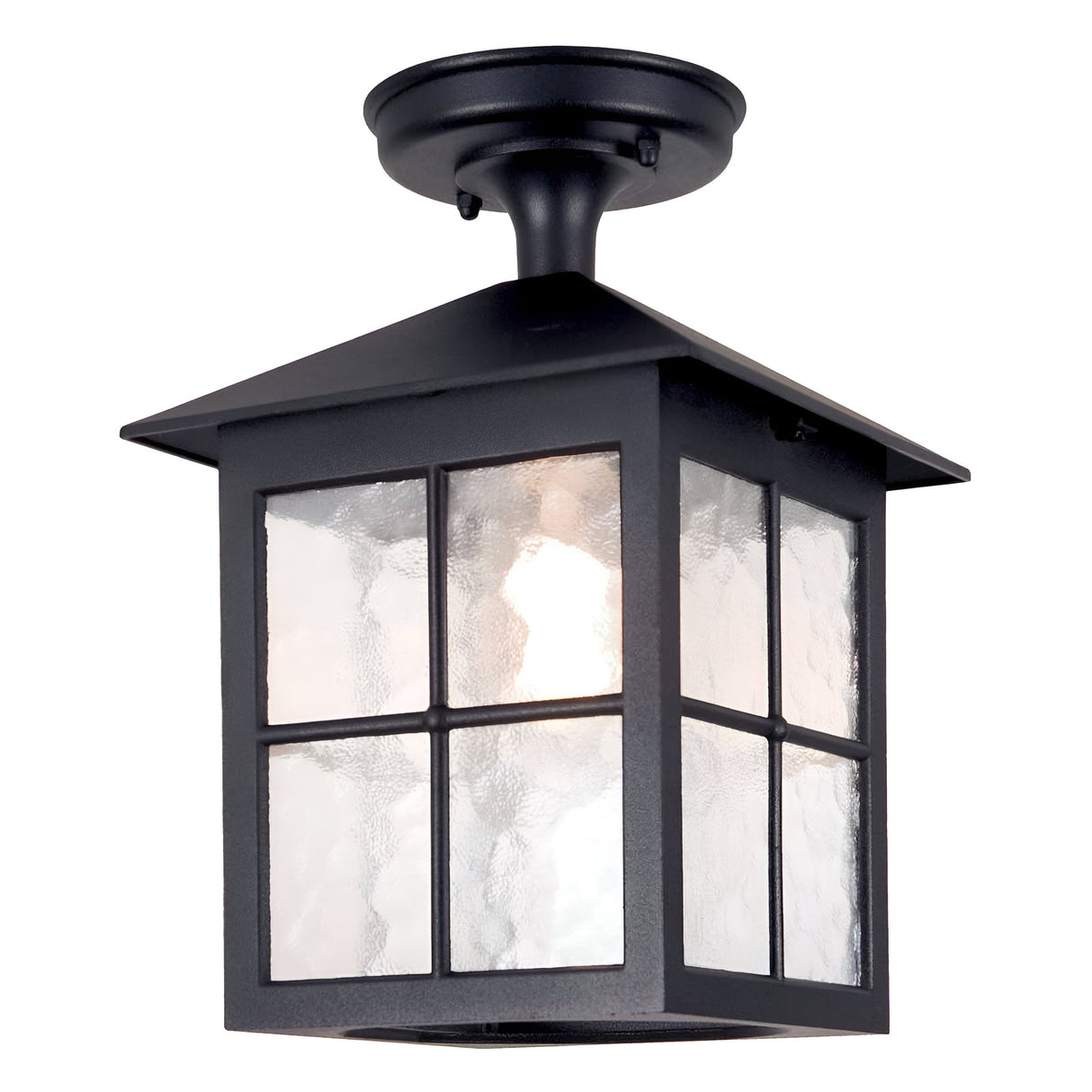 The Winchester 1 Light Outdoor Porch Light in Black is a black metal ceiling fixture designed for outdoor spaces, featuring a square, lantern-style design. It includes four clear glass panels and a sloped roof, offering an elegant vintage appeal with traditional charm.
