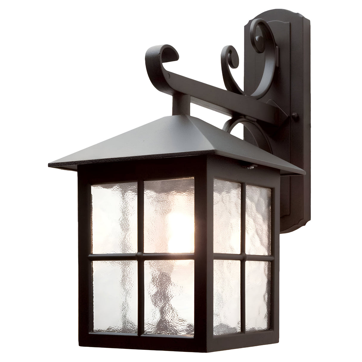 The Winchester-2 1 Light Outdoor Wall Down Light in black is an elegant option with its rectangular shape and clear glass panes crafted from die-cast aluminum. It showcases a peaked roof and decorative scrollwork on the mounting bracket, delivering a vintage lighting charm as the bulb lights up the interior.