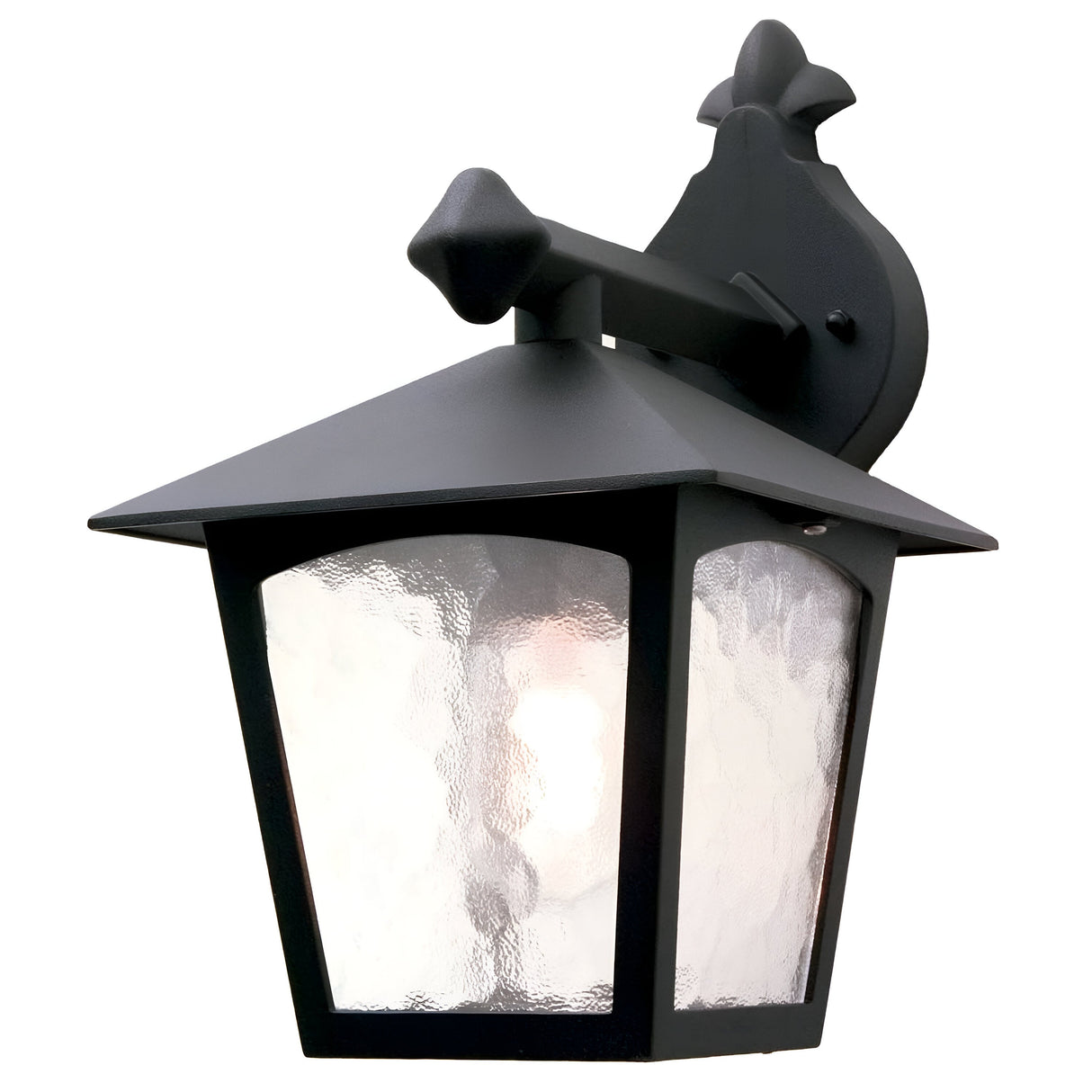 The York 1 Light Outdoor Wall Down Light in black features a sloped roof and frosted glass panels, complemented by a decorative wall mount for an elegant touch. Ideal for the garden, this vintage outdoor wall lantern emits an inviting soft glow.