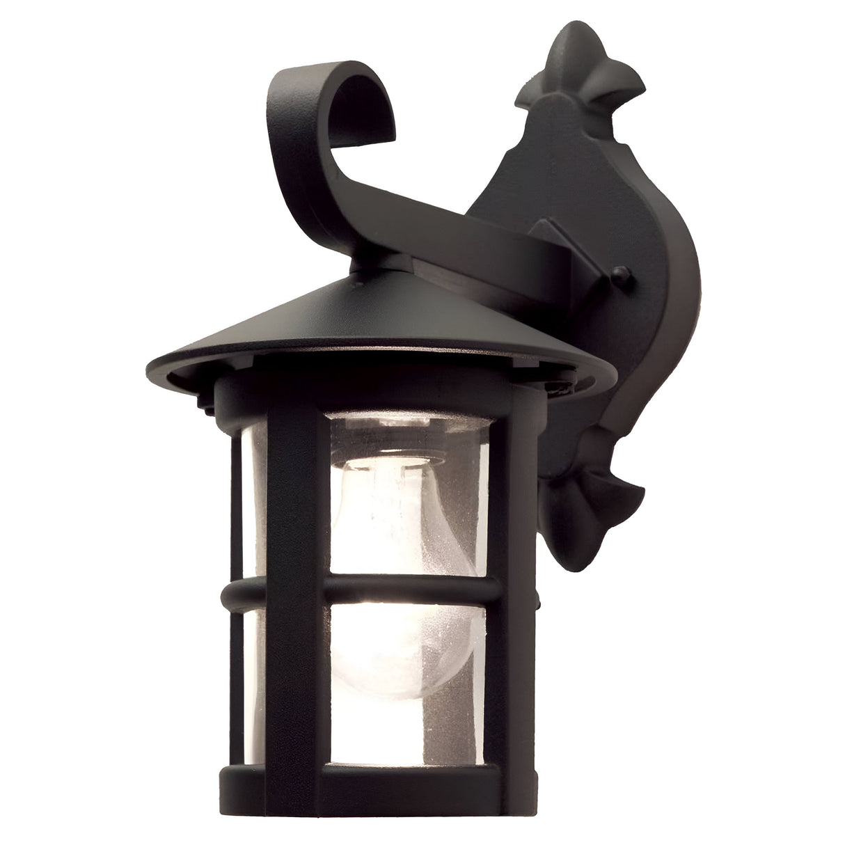 The Hereford 1 Light Outdoor Wall Down Lantern in black features a lantern-style design with clear glass encasement, elegantly mounted on an ornate die-cast aluminum bracket. With its curved top, this fixture is ideal for providing exterior lighting on buildings.