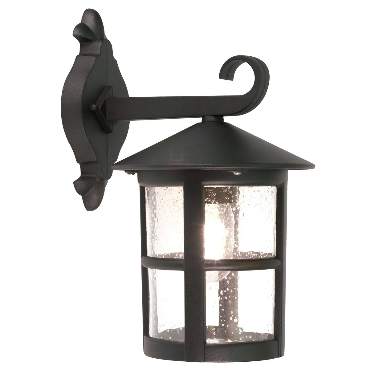 The Hereford 1 Light Outdoor Large Wall Down Lantern - Black boasts a classic lantern design with a graceful curved arm supporting a clear cylindrical glass shade. The textured glass, adorned with small bubbles, accentuates its charm as it hangs stylishly from its decorative bracket.